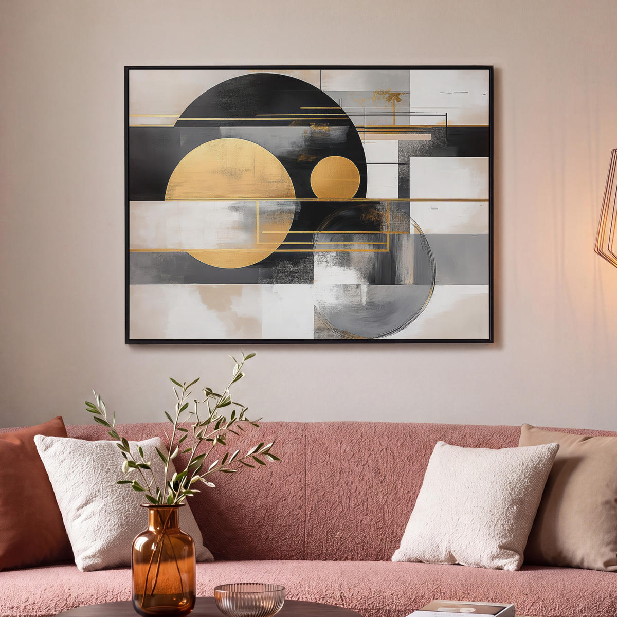 LEINWAND Bilder mit Rahmen - Abstrakt - Gold - Silber - Formen - Ästhetisch - Modern - 100x70 - Goldfarben, Textil (100/70cm) - MuchoWow