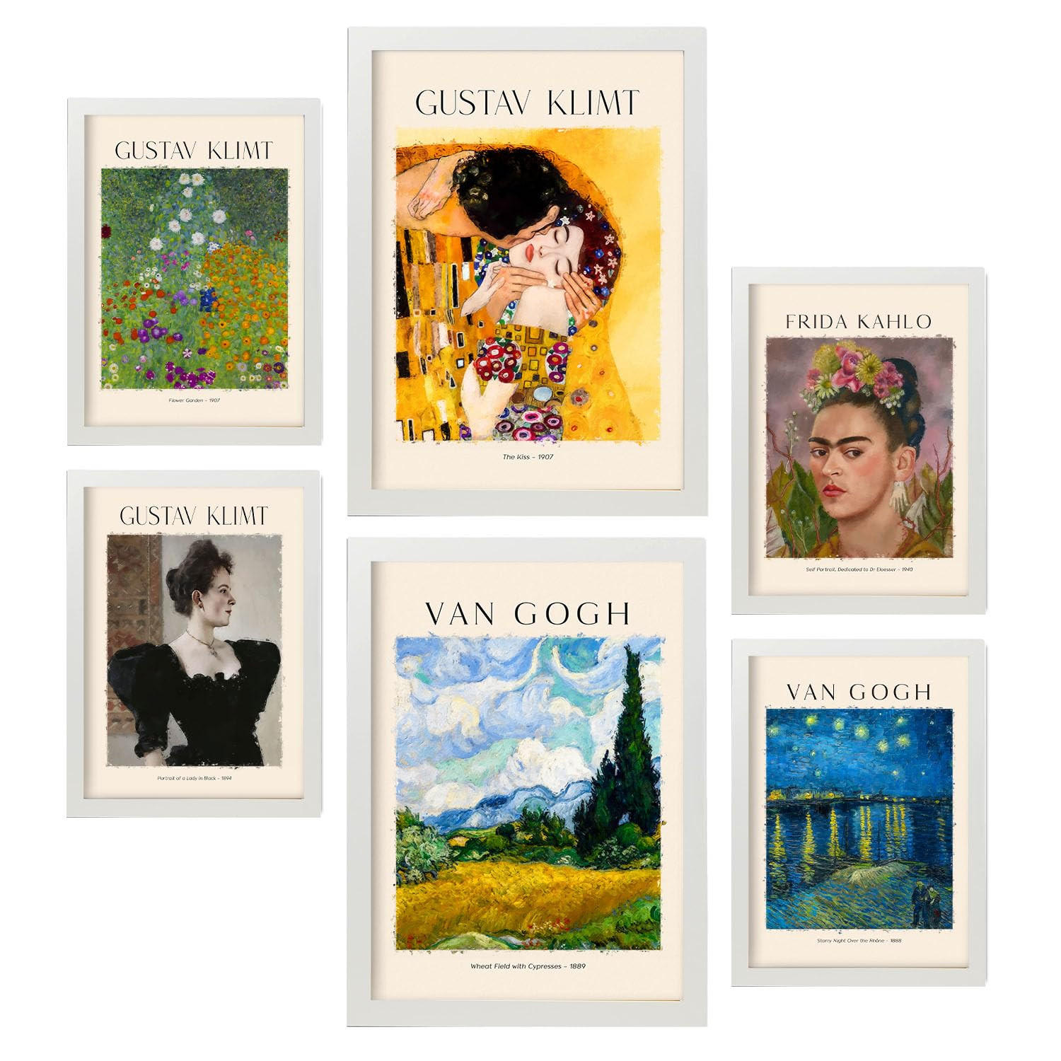 POSTER Set Mit 6 Frida Klimt Van Gogh Malergalerie A3 & A4 Weißer Rahmen - Weiß, Papier (29/3cm) - Nacnic