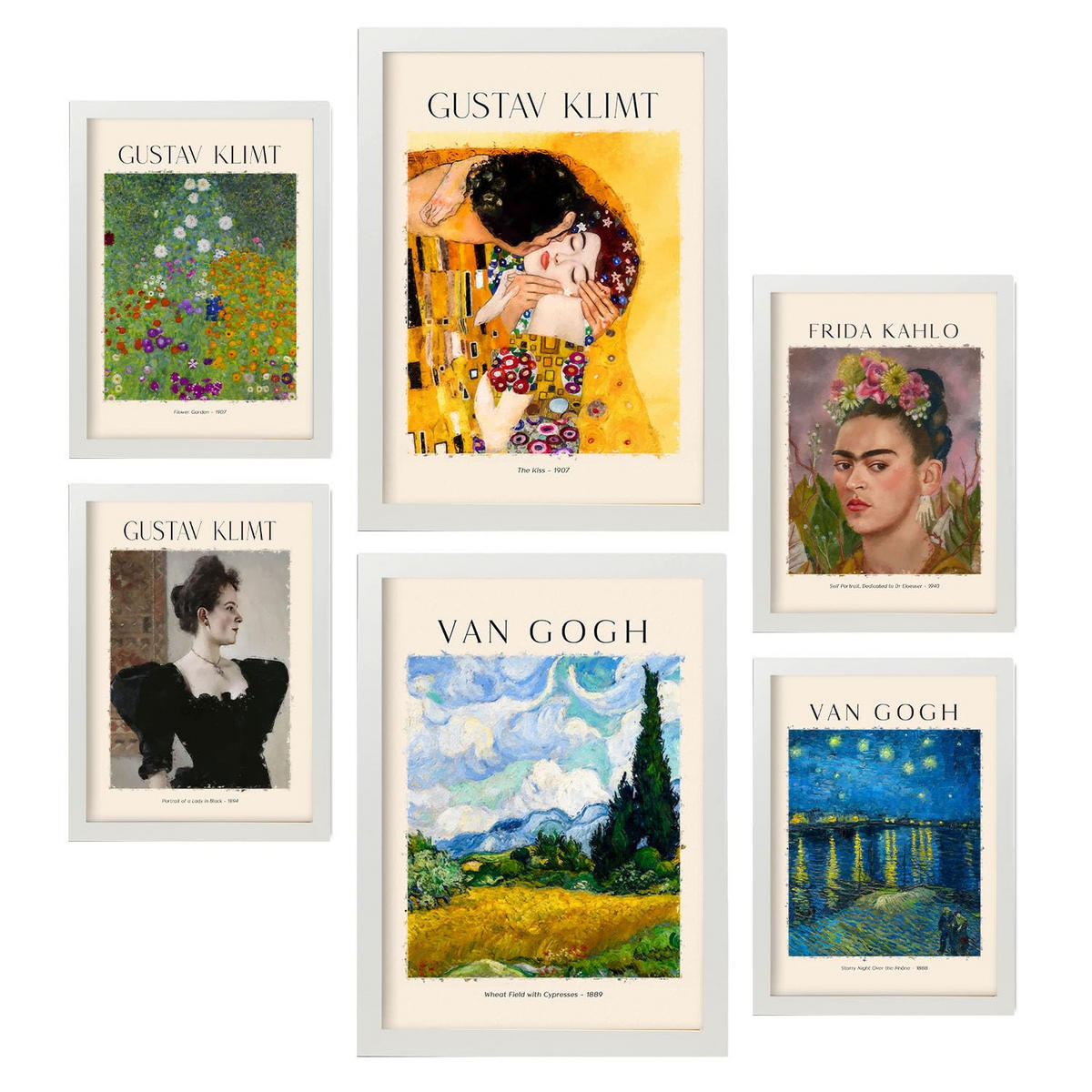 POSTER Set Mit 6 Frida Klimt Van Gogh Malergalerie A3 & A4 Weißer Rahmen - Weiß, Papier (29/3cm) - Nacnic