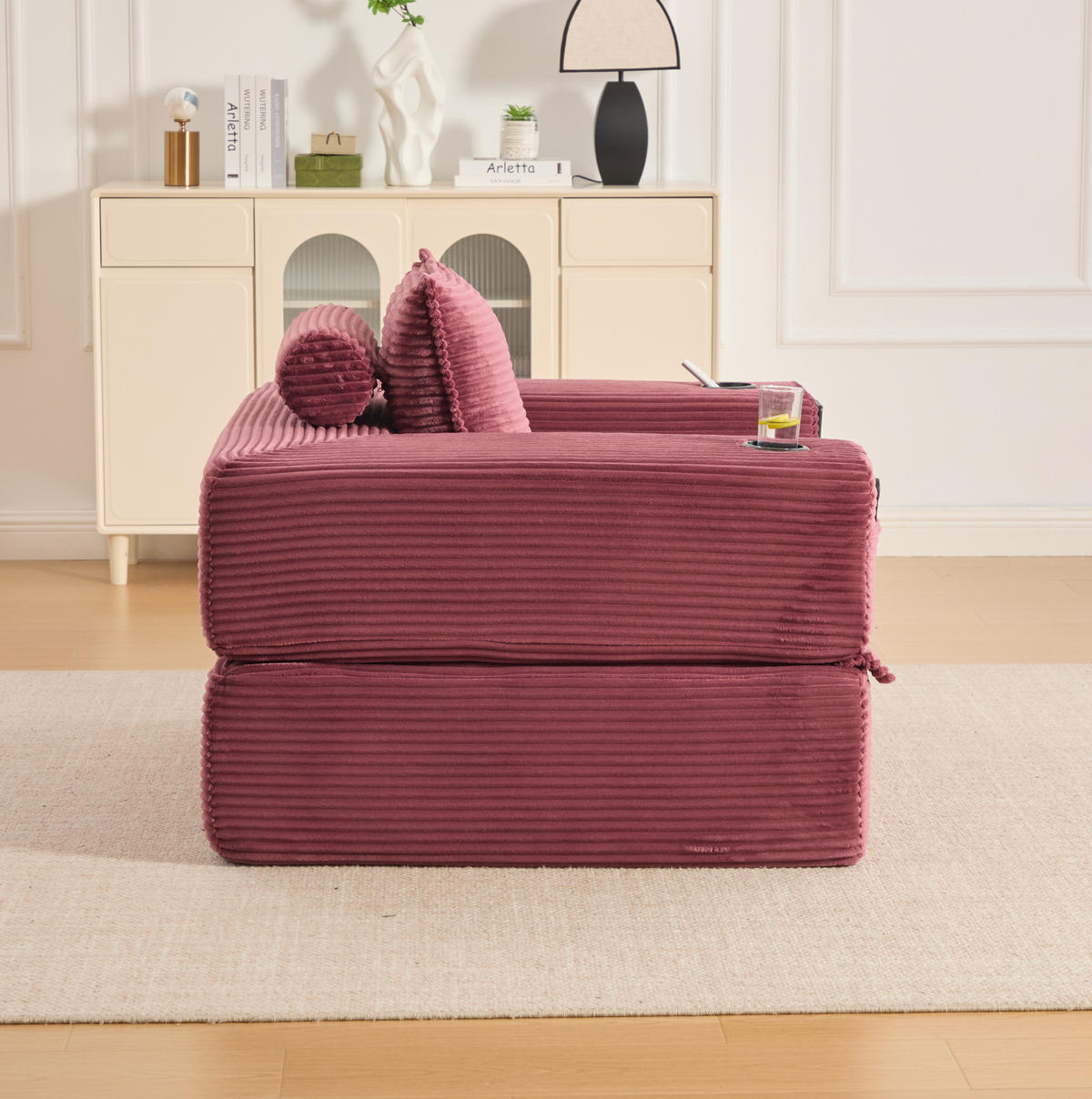 KLAPPSOFA aus Cord mit Seitenfach und Getränkehalter 122 cm Wine Red - Rot, Kunststoff (98/80/122cm) - Meubliv