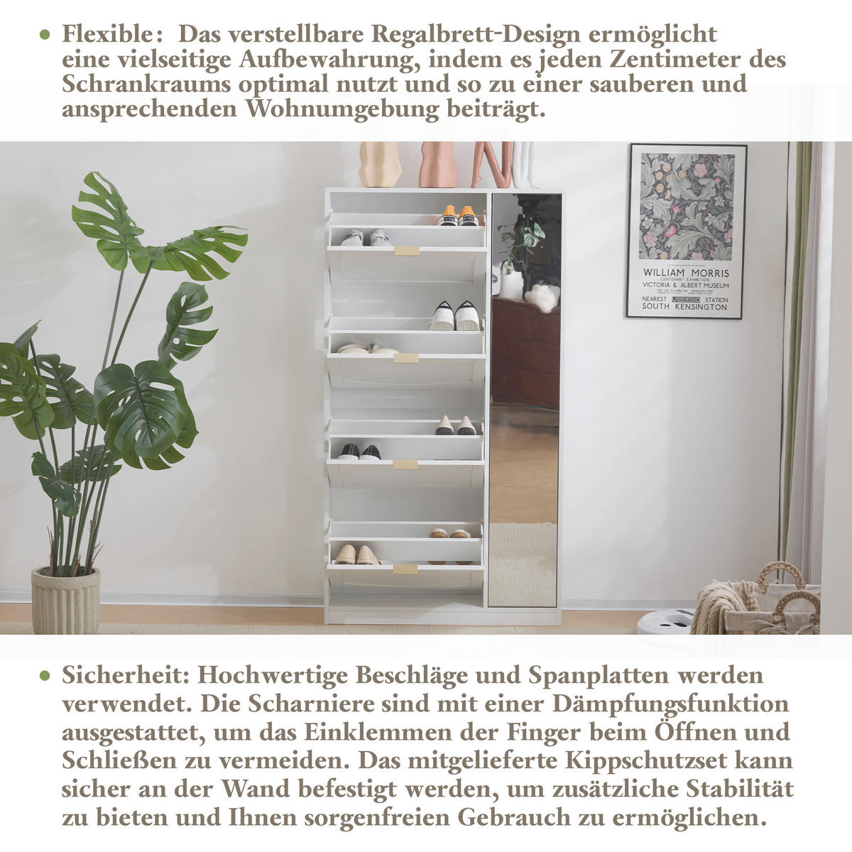 SCHUHSCHRANK in Weiß Schuhkommode mit Spiegel 4 klappbaren Fächern verstellbares Regal hinter Spiegel ,B80/T24/H147cm - Weiß, Glas/Holzwerkstoff (80/147/24cm) - STILVORA