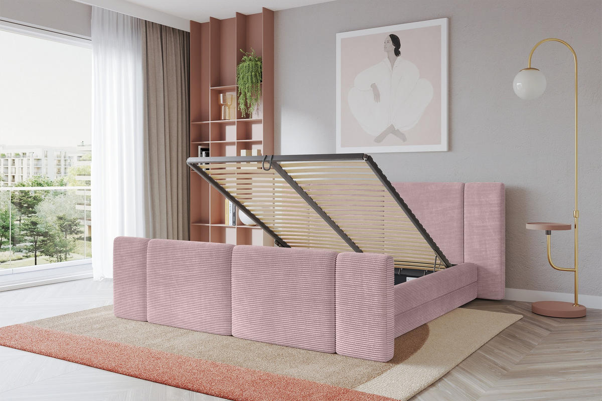 POLSTERBETT mit Bettkasten, Fußteil und Lattenrost, Bett mit Matratze H3/H4 - TEVO-Z 180x200 Rosa - Rosa, Holzwerkstoff/Textil (180/200cm) - ALTDECOR