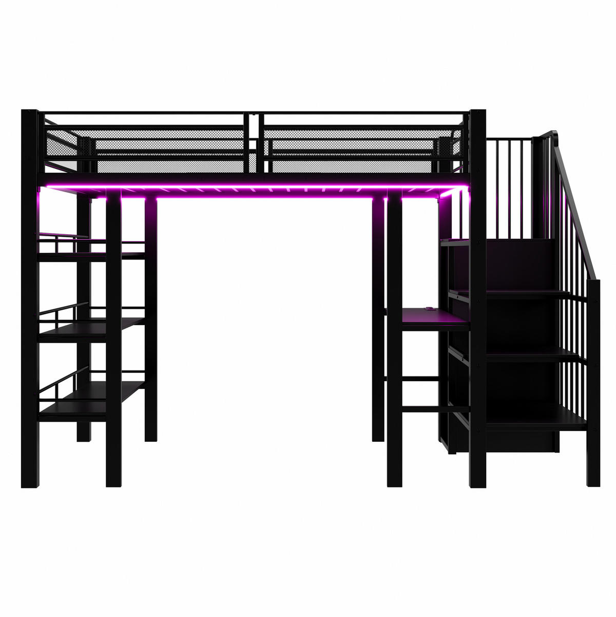 HOCHBETT 90/200 cm mit LED-Lichtleisten, Steckdose, Schreibtisch, Regal und Kleiderschrank, Schwarz - Schwarz, Holzwerkstoff (90/200cm) - Redom