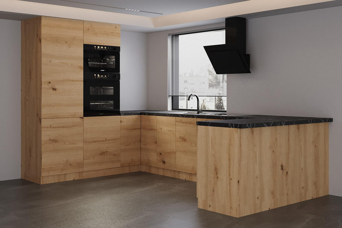 ECKKÜCHE 210 x 320 x 150 cm – Nexa K103-G680 – in Woodline / Matt - Schwarz/Eiche Artisan, Holz/Metall (320/212/58cm) - ROYAL24_MARKT