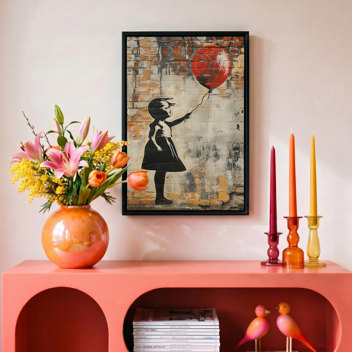 LEINWAND Bilder mit Rahmen - Graffiti - Banksy - Mädchen - Straßenkunst - 20x30 - Sandfarben, Textil (20/30cm) - MuchoWow