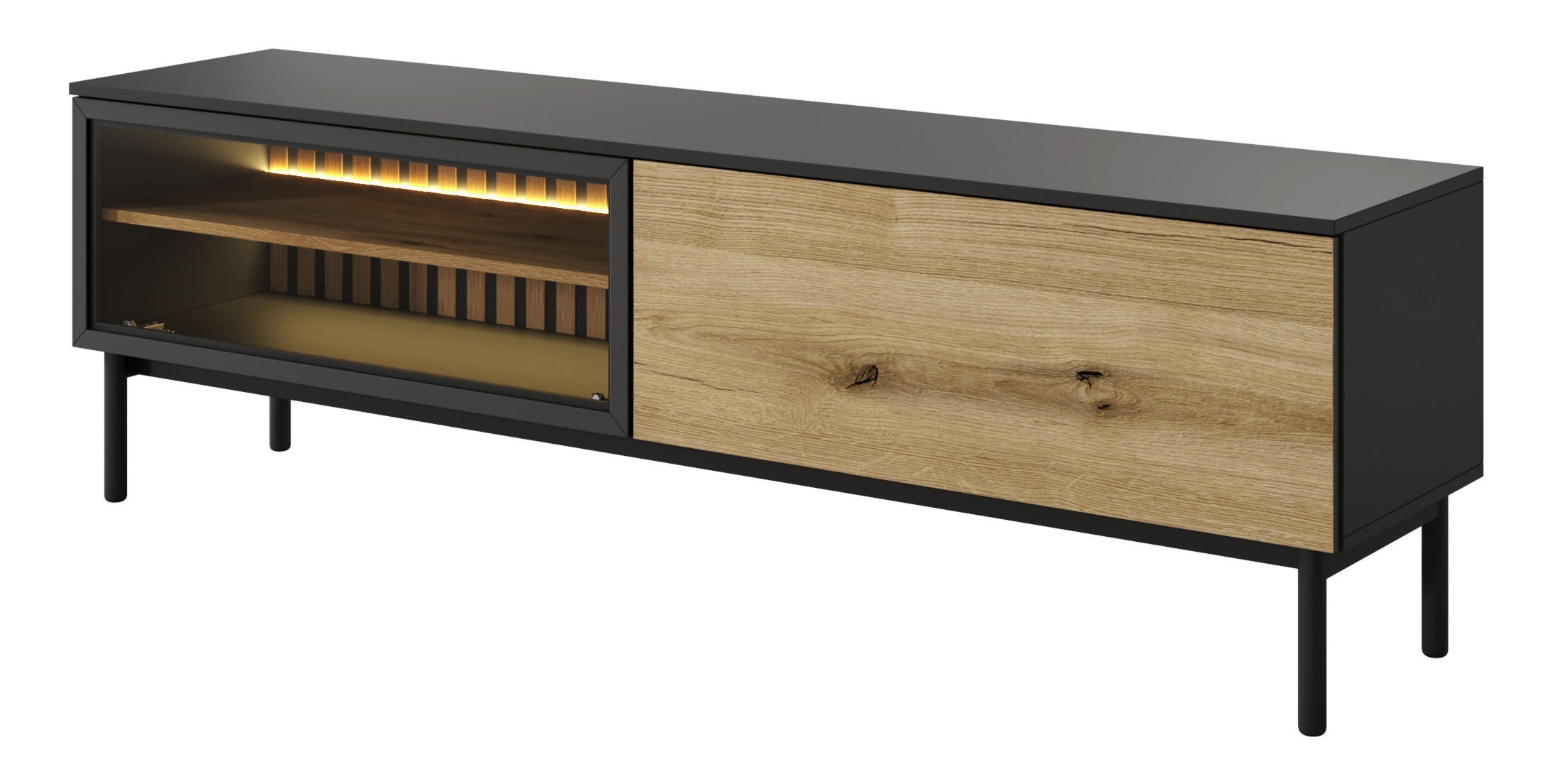 TV-BOARD mit Glas 180 cm Jotare, LED, Schwarz, Eiche Evoke - Schwarz, Holz (180/55/39cm) - Emporius