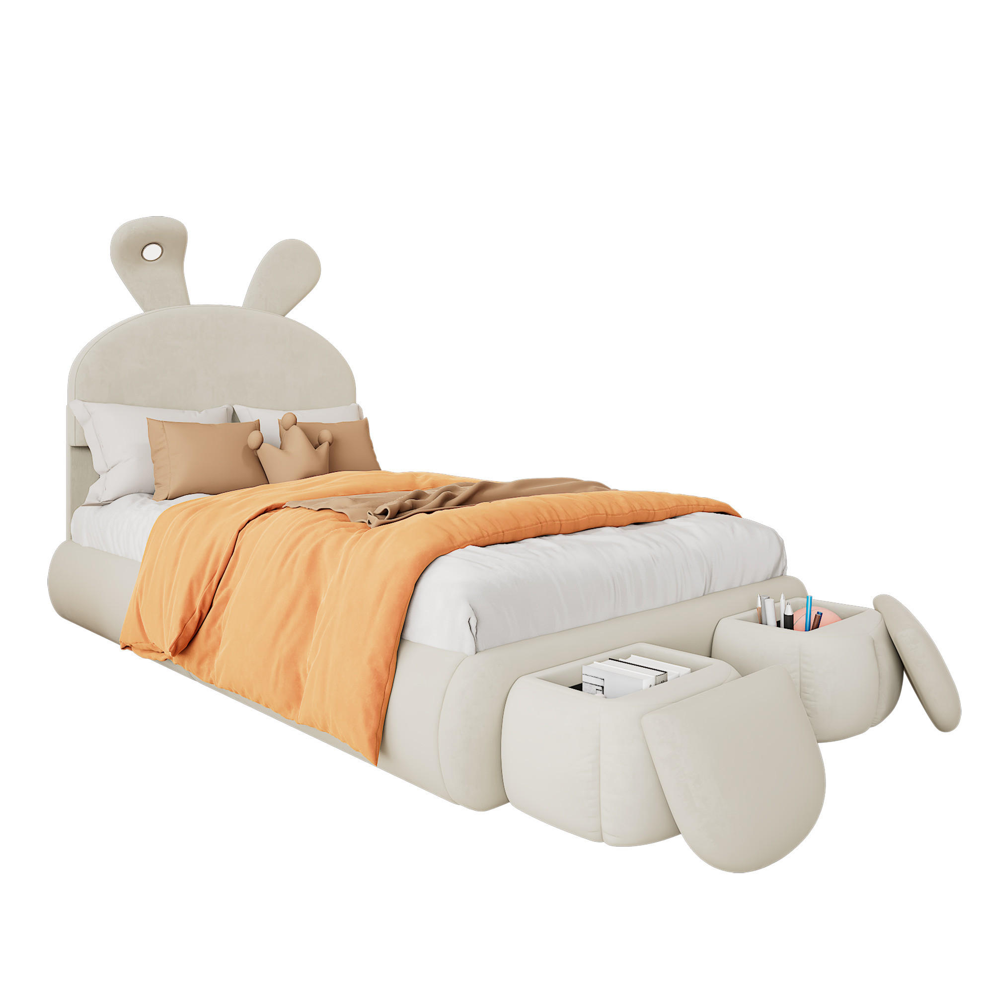 POLSTERBETT 90/200 cm aus Samt mit LED-Hasenohren und 2 Aufbewahrungshockern Beige - Beige, Textil (90/200cm) - Modenvie