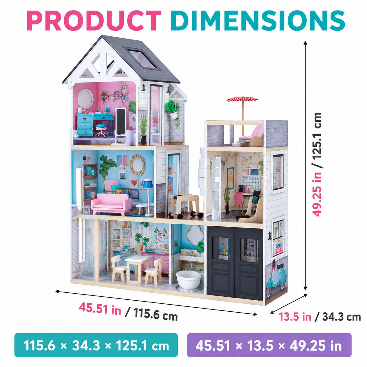 PUPPENHAUS, Mehrfarbig, 125cm - Multicolor, Holz (116/125/34cm) - Teamson Kids