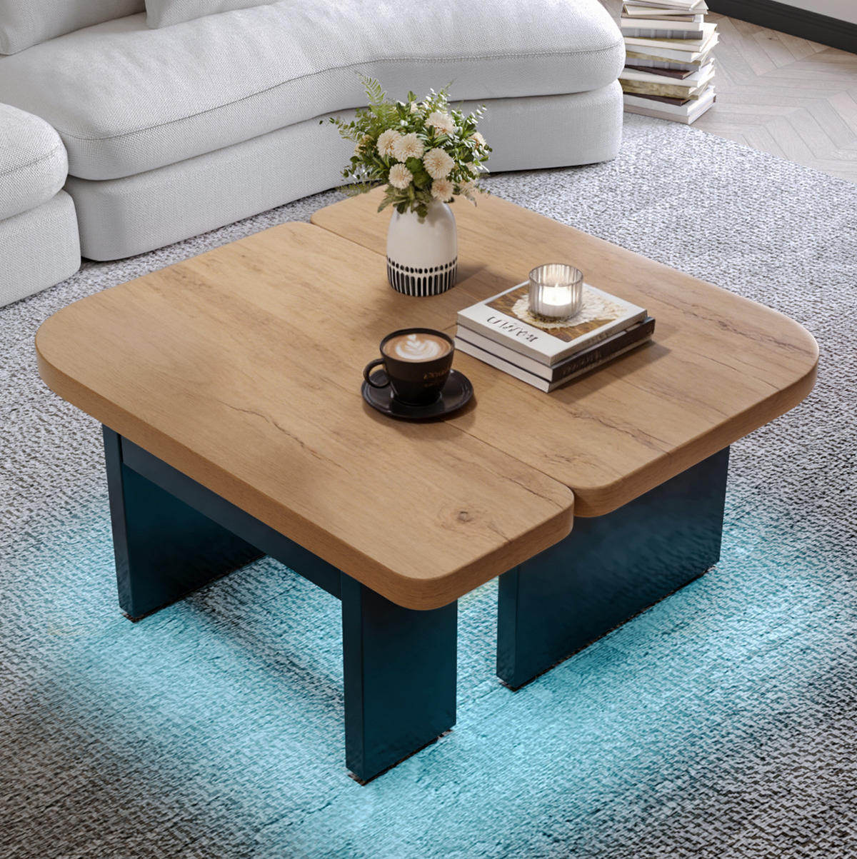 COUCHTISCH 90/60/44,5 cm mit LED-Beleuchtung, 2 Schubladen und flexibel kombinierbarem 2-in-1-Design, Naturholz/Schwarz - Naturfarben, Holzwerkstoff (90/60/44.5cm) - Redom