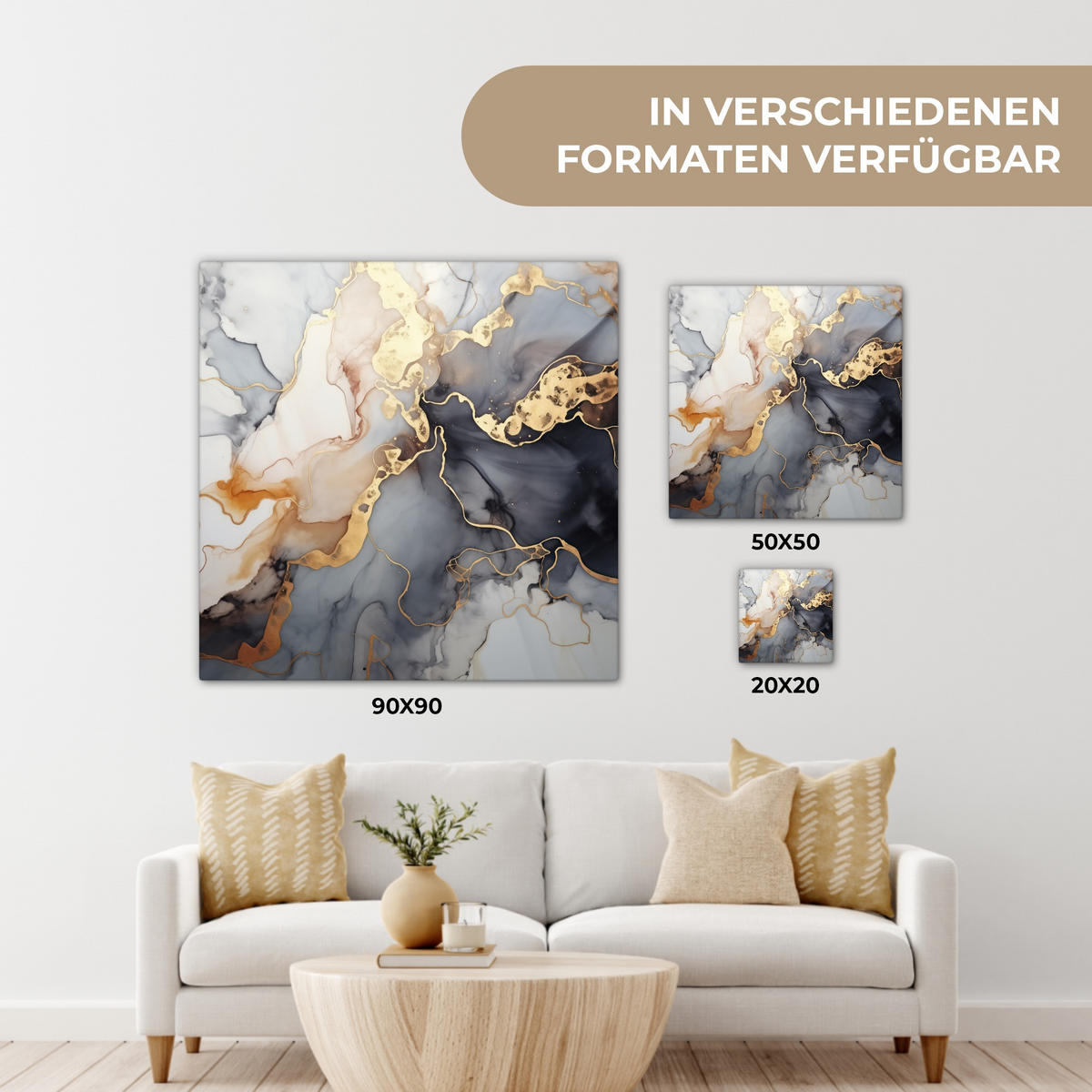 LEINWANDBILD Marmor - Schwarz - Gold - Weiß 20x20 cm - Dunkelgrau, Textil (20/20cm) - MuchoWow