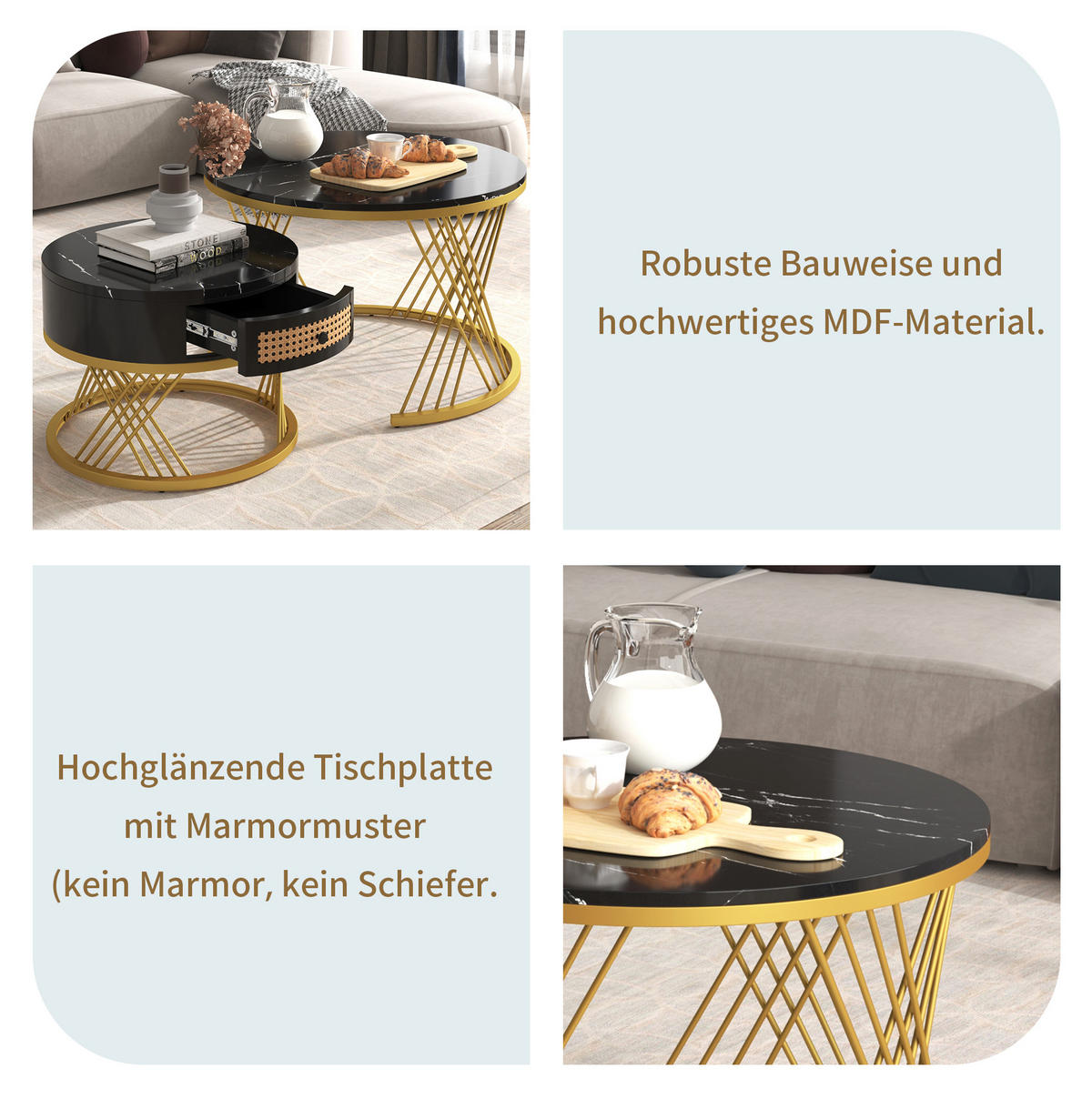 COUCHTISCH 70/50 cm schwarz aus MDF mit Marmormuster und Schublade - Schwarz, Holzwerkstoff (70/70/45.5cm) - OKMYHOME