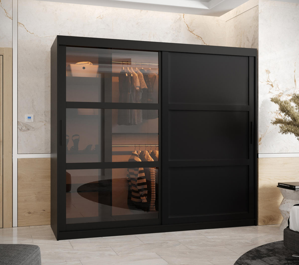 SCHWEBETÜRENSCHRANK 200/200/62 2-türig - Schwarz, Holz/Kunststoff (200/200/62cm) - Abiks Möbel