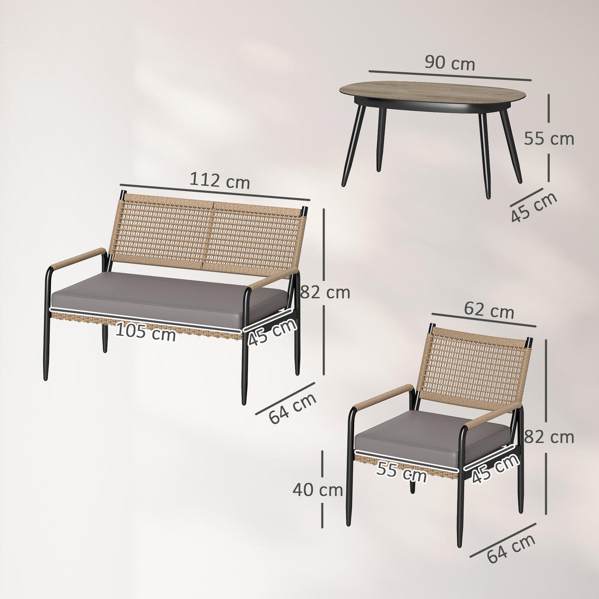 GARTENMÖBEL LOUNGE-SET DE-06737 4-teilig mit Glastisch Dunkelgrau/Gelb - Dunkelgrau, Kunststoff/Metall - ComfortXL