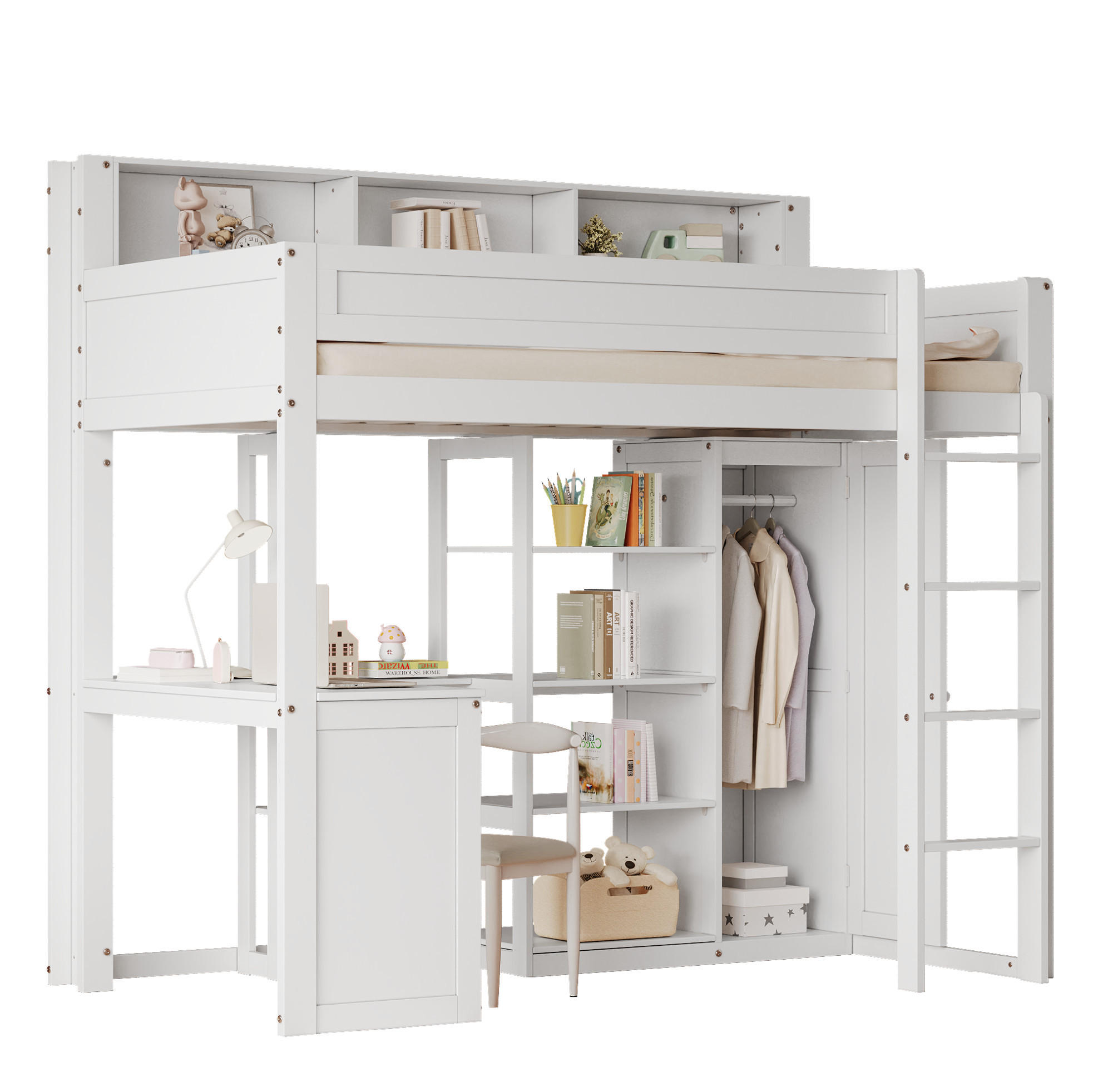 ETAGENBETT mit Tisch und Kleiderschrank, Weiß, 90/200 cm - Weiß, Holz (90/200cm) - MIVRAY