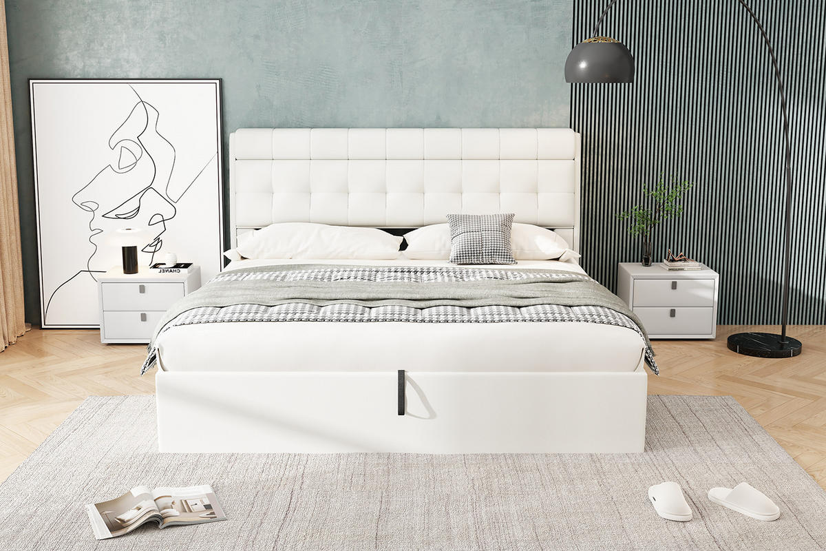 POLSTERBETT 180x200cm Weiß PU Mit Hydraulik & Verdecktem Stauraum - Weiß, Leder (180/200cm) - FLIEKS