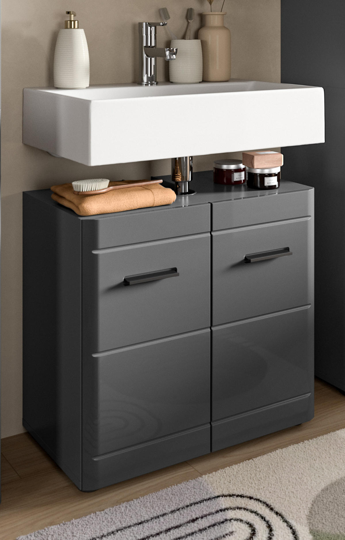 WASCHBECKENUNTERSCHRANK grau Hochglanz 60 cm mit Soft-Close - Schwarz/Grau, Holzwerkstoff/Kunststoff (60/56/34cm) - Inn.Furn