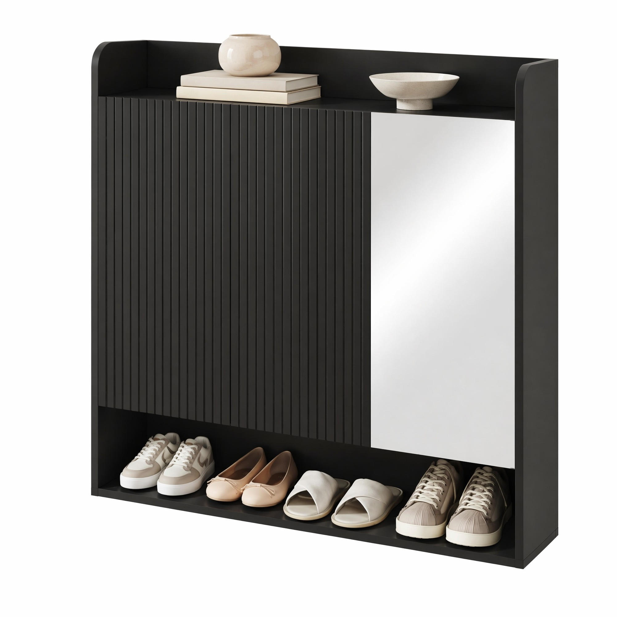SCHUHSCHRANK in Schwarz Schuhkommode mit Ganzkörperspiegel und mehrstöckigem Schuhregal für Flur, B110/T35.5/H110cm - Schwarz, Holzwerkstoff/Metall (110/110/35.5cm) - STILVORA