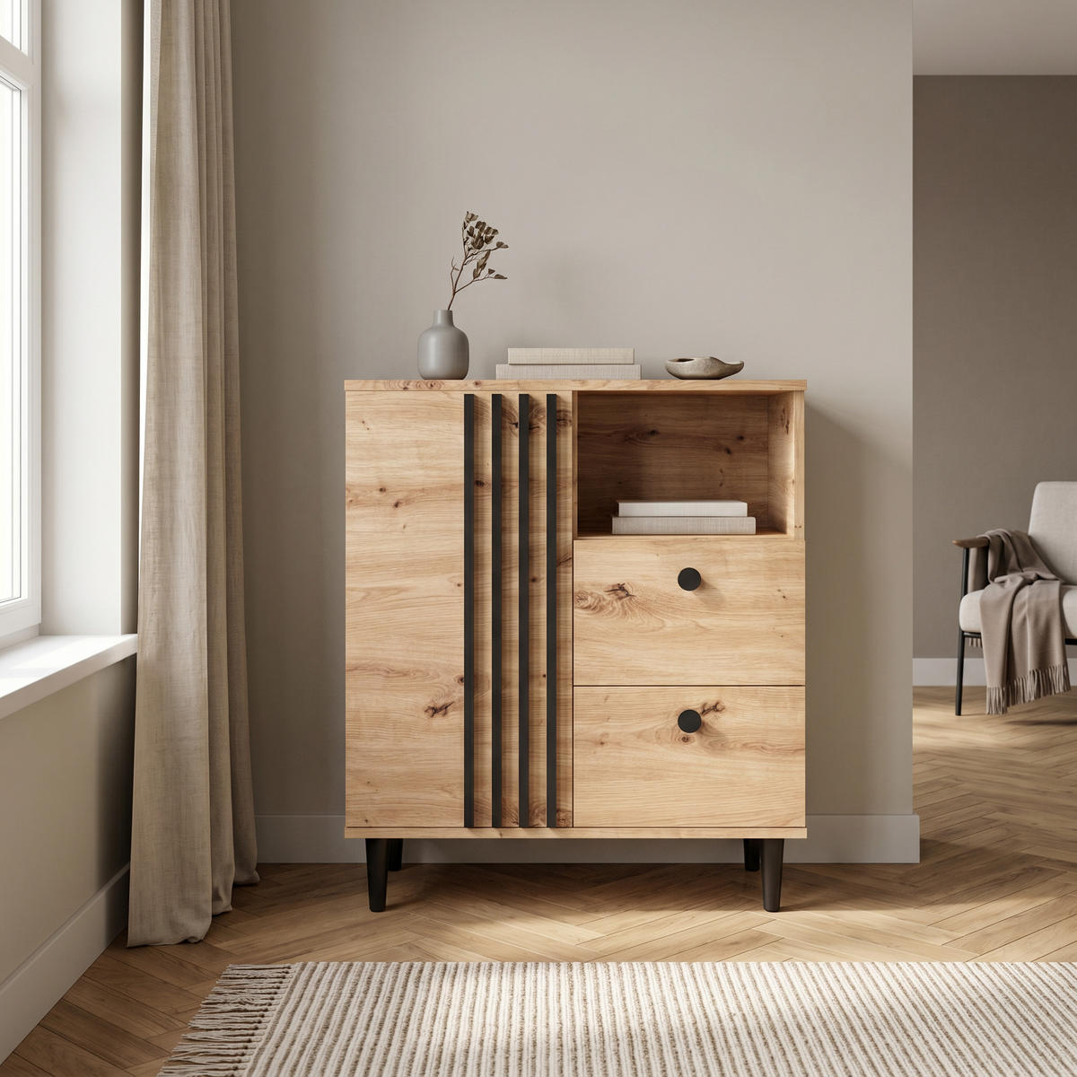 KOMMODE ARTIANO 80/92,5/40cm mit 2 Schubladen 1 Türen Eiche Artisan - Eiche Artisan, Holzwerkstoff (80/92.5/40cm) - MASSENO