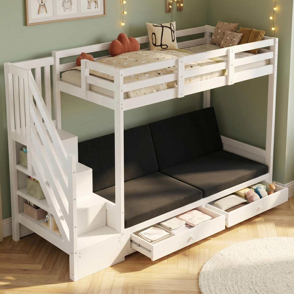 ETAGENBETT 90/200 cm mit Sofa, Treppenschrank und 2 Schubladen, Weiß - Weiß, Holzwerkstoff (90/200cm) - Redom
