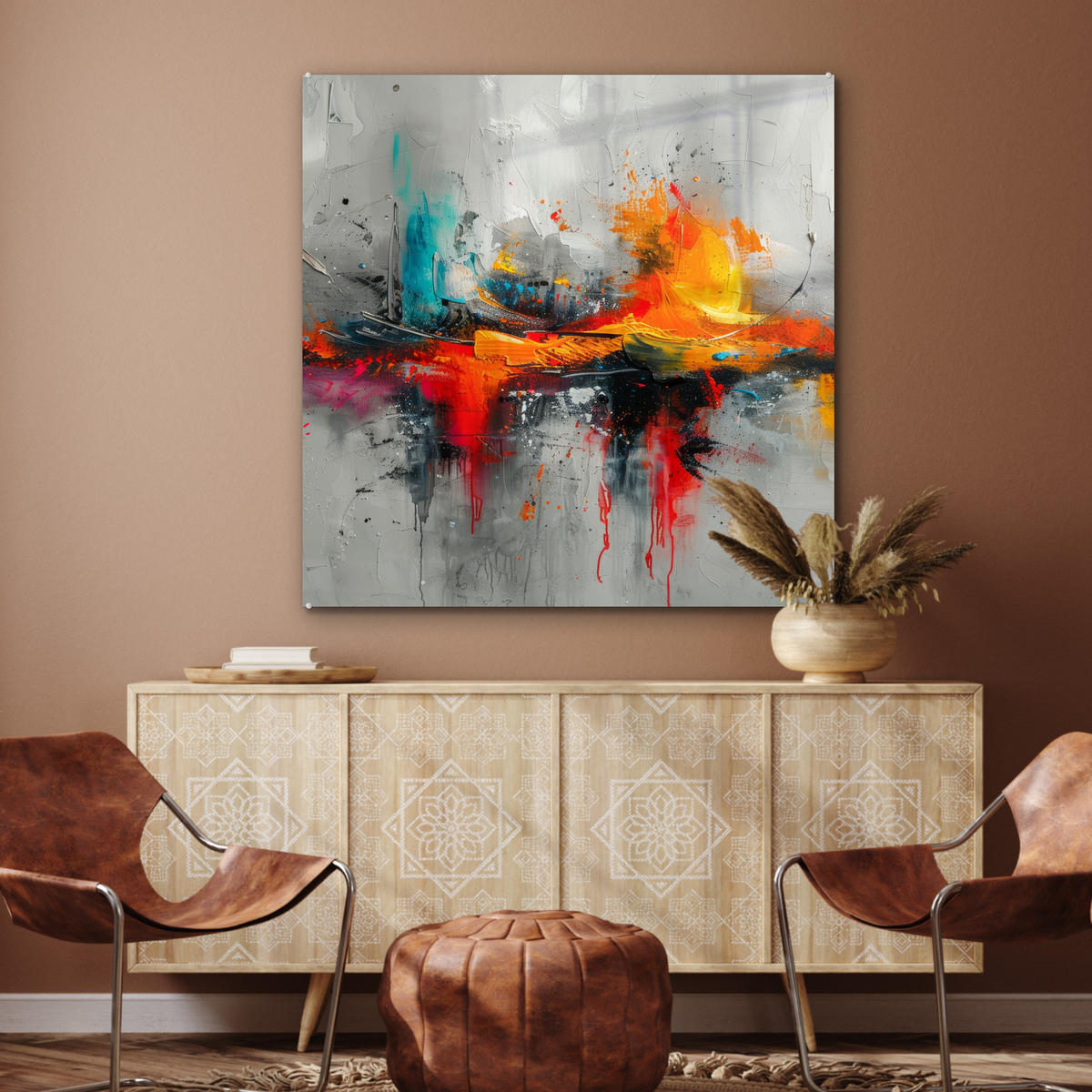 ACRYLGLASBILD Moderne Kunst - Orange - Grau - Abstrakt 90x90 cm - Hellgrau, Glas (90/90cm) - MuchoWow