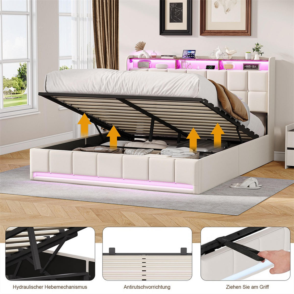 POLSTERBETT 160x200 cm mit LED-Beleuchtung und hydraulischem Stauraum - ohne Matratze - Beige - Beige, Textil (160/200cm) - DELFA