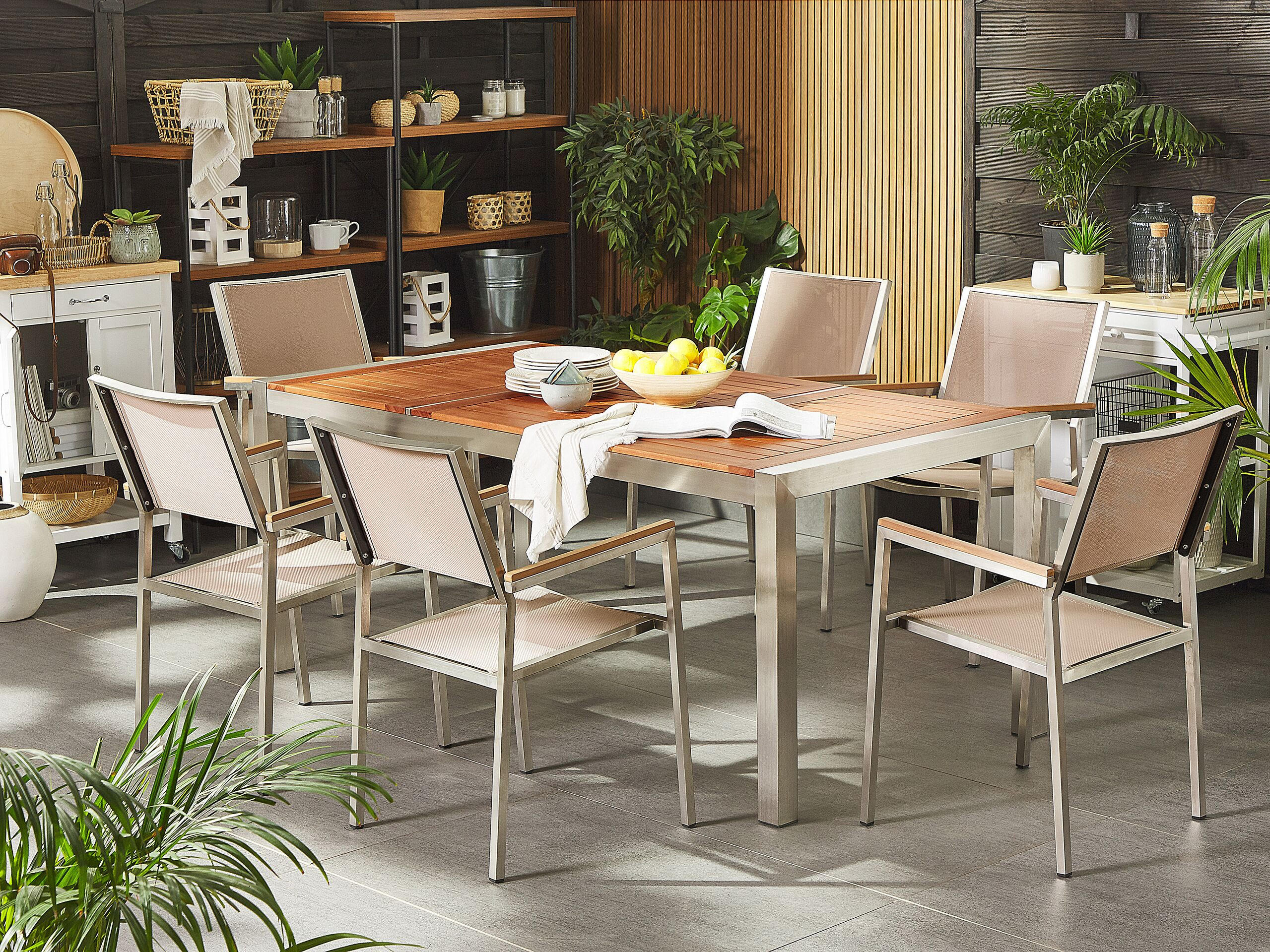 GARTENMÖBEL-SET 6-Sitzer Eukalyptusholz Textilbespannung beige Grosseto - Hellbraun/Beige, Holz - Beliani