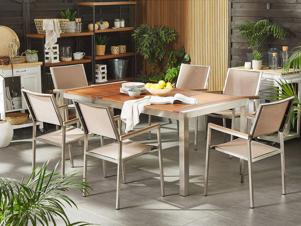GARTENMÖBEL-SET 6-Sitzer Eukalyptusholz Textilbespannung beige Grosseto - Hellbraun/Beige, Holz - Beliani
