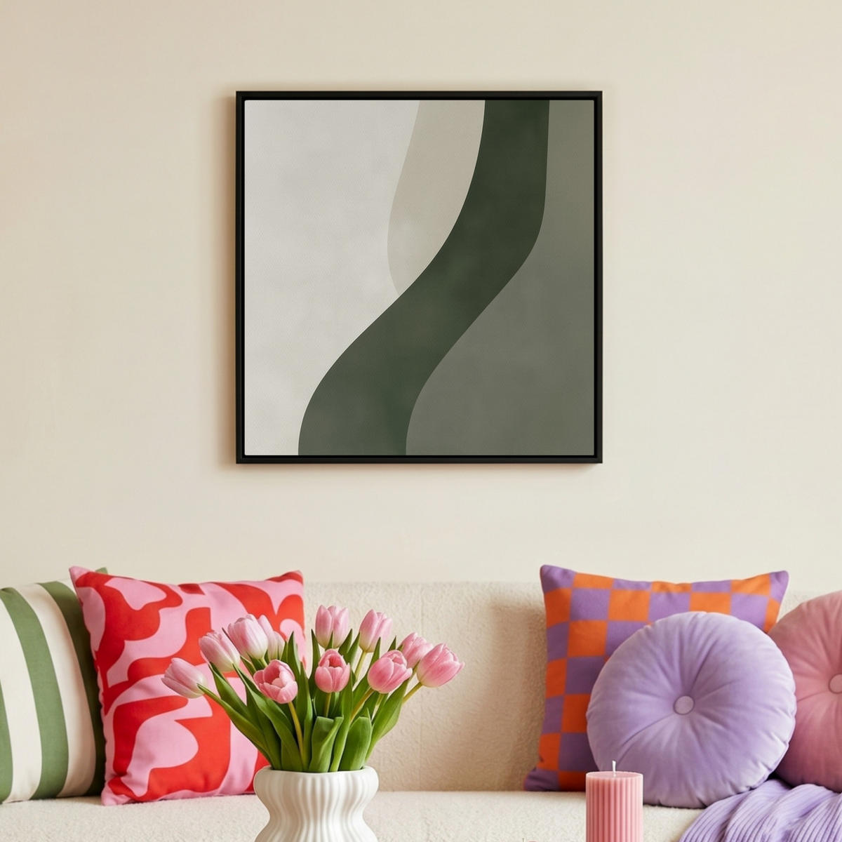LEINWAND Bilder mit Rahmen - Japandi - Grün - Abstrakt - Modern - 50x50 - Salbeigrün, Textil (50/50cm) - MuchoWow