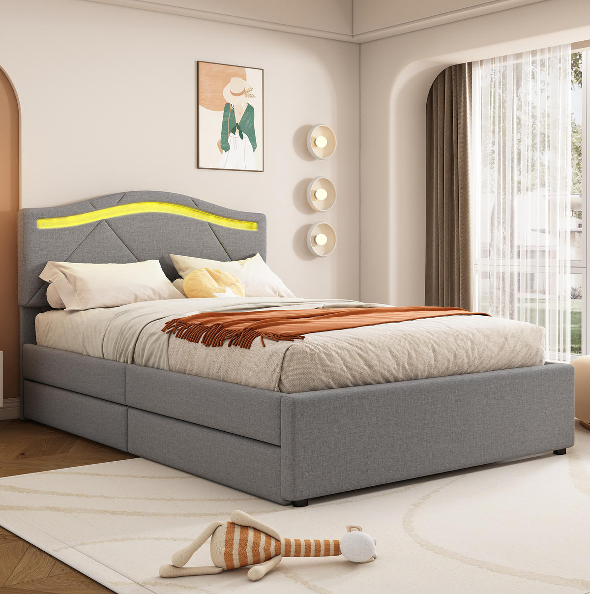 POLSTERBETT mit LED und 2 Schubladen 90x200 cm Leinen Grau - Grau, Metall (90/200cm) - Meubliv