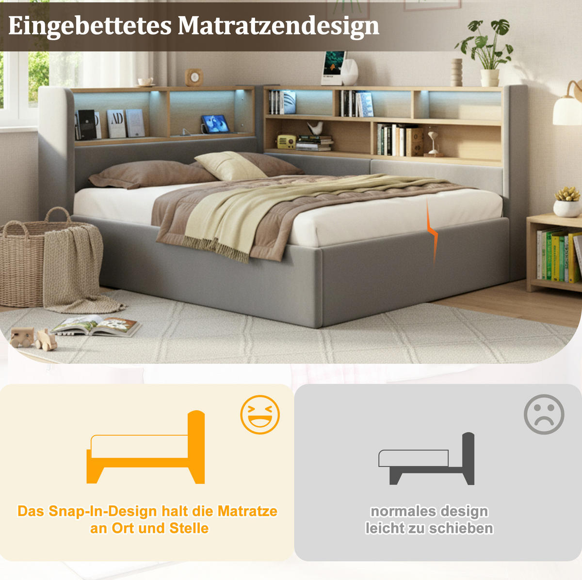 POLSTERBETT 140x200 cm in Grau mit hydraulischem Bettkasten, LED und USB-Anschlüssen - Grau, Textil (140/200cm) - IVMEU