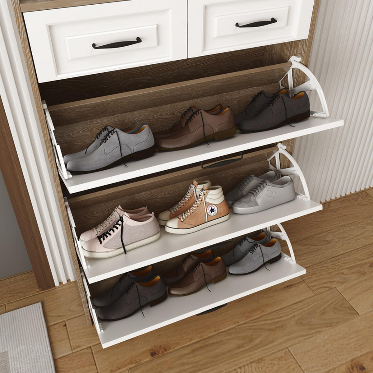 DREHBARES SCHUHSCHRANK 3 Klapptüren 2 Schubladen - Weiß, Holzwerkstoff (23.5/131/80cm) - Bomclap