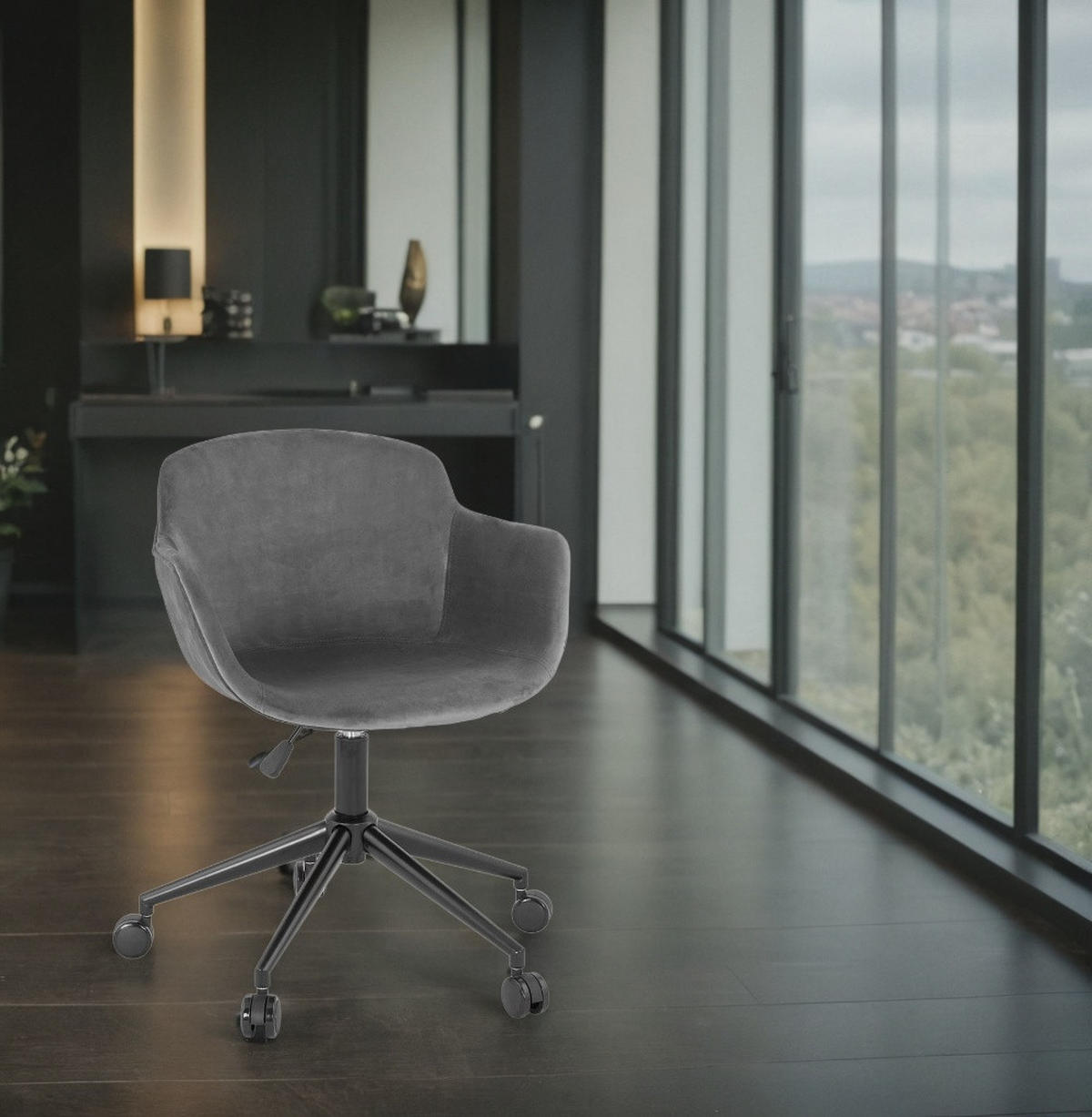 BÜROSTUHL Samt mit Rollen, 360° drehbar und höhenverstellbar PILANO, Anthrazit 54x59x80 cm - Anthrazit/Schwarz, Textil/Metall (59/80/54cm) - KADIMA DESIGN