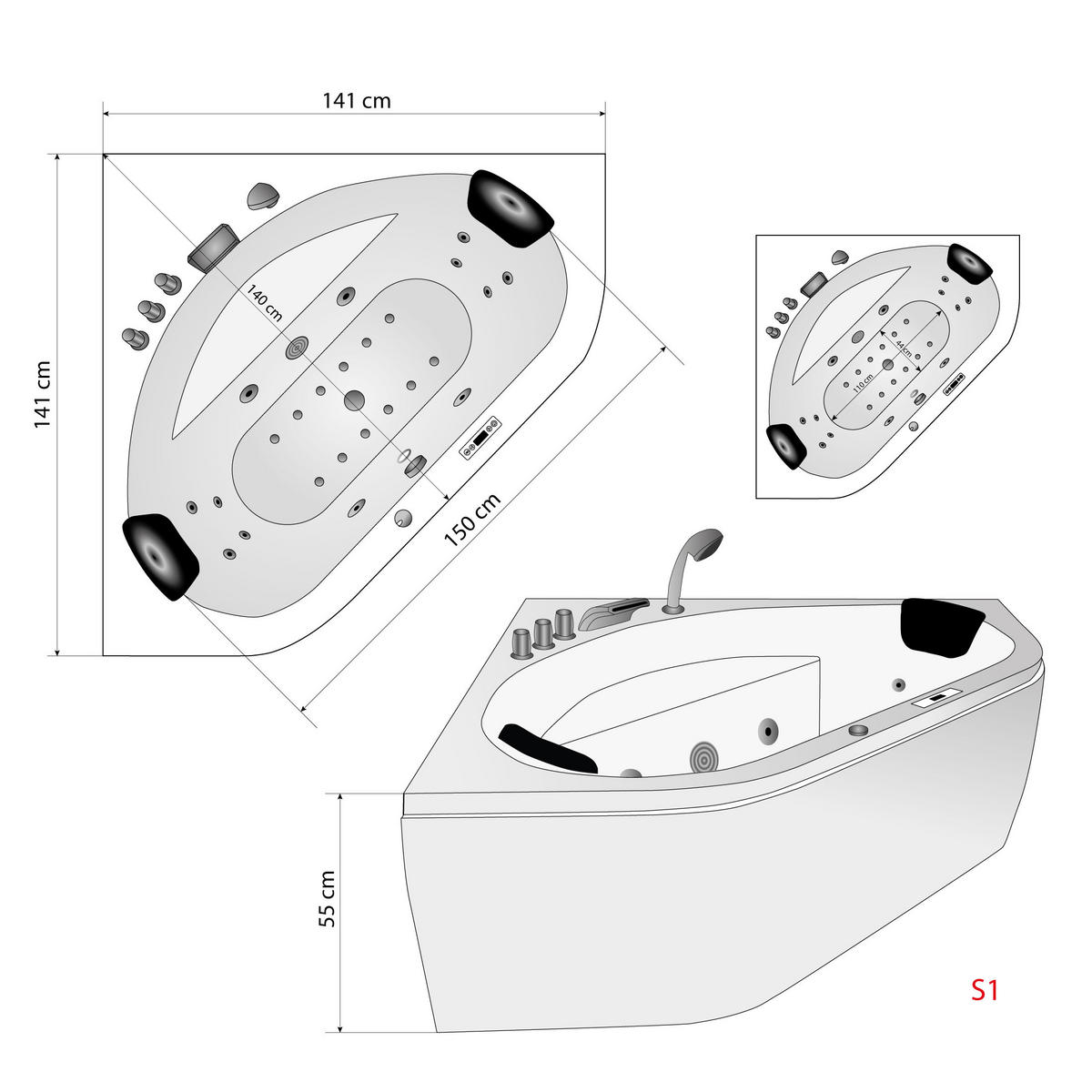 WHIRLPOOL Pool Badewanne Eckwanne W20R-TH-SC 140x140cm - Weiß, Glas/Kunststoff (140/55/140cm) - AcquaVapore by Sandra Jentho