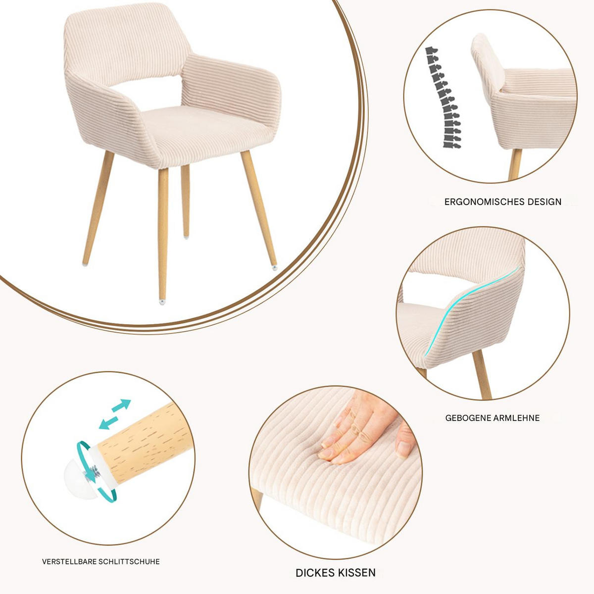 ESSZIMMERSTUHL in Eisen Cord - Beige, Metall (56/78/56cm) - Meubles Cosy