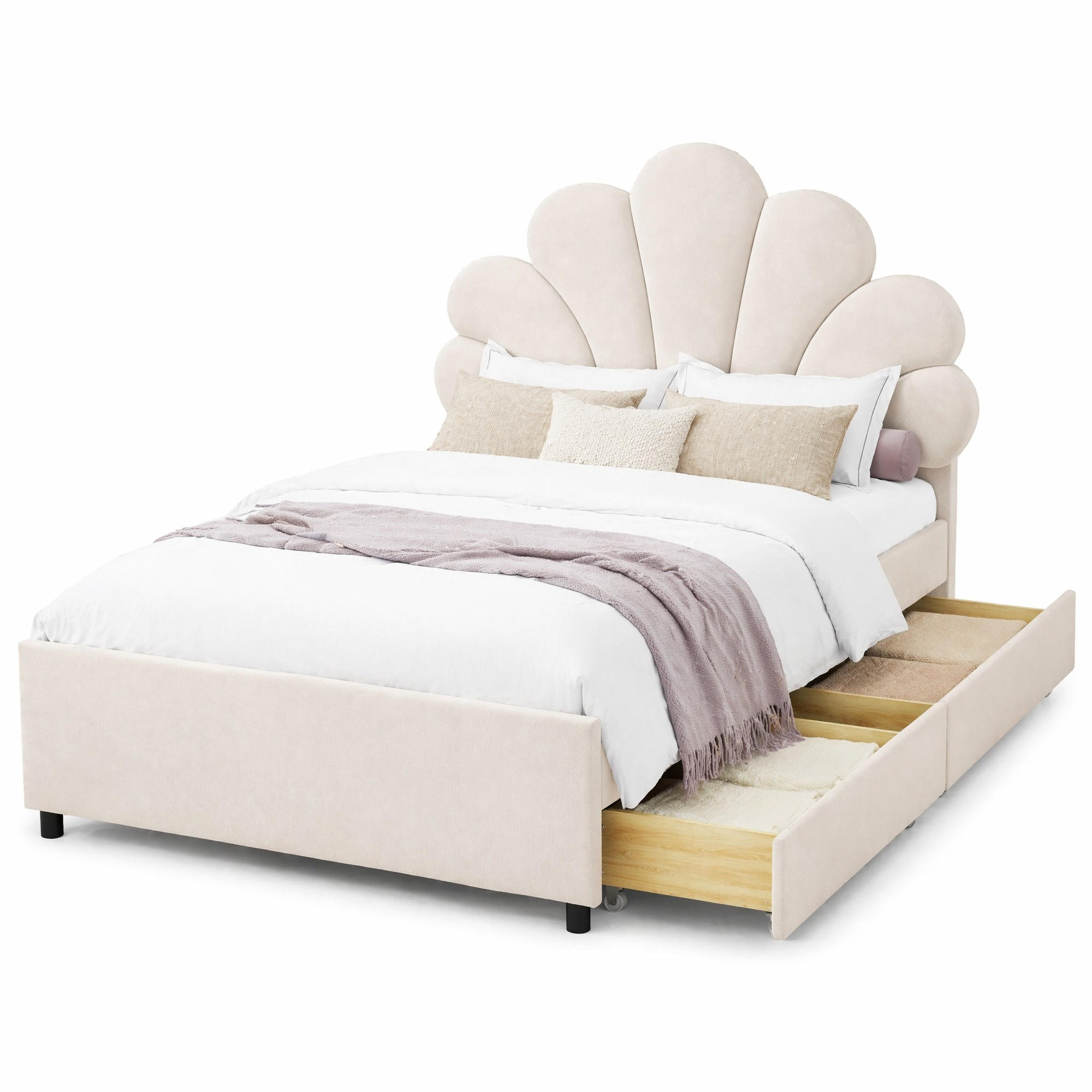 KINDERBETT 90/200 cm in Beige mit 2 Schubladen Samt - Beige, Holzwerkstoff/Textil (90/200cm) - CHICFURN