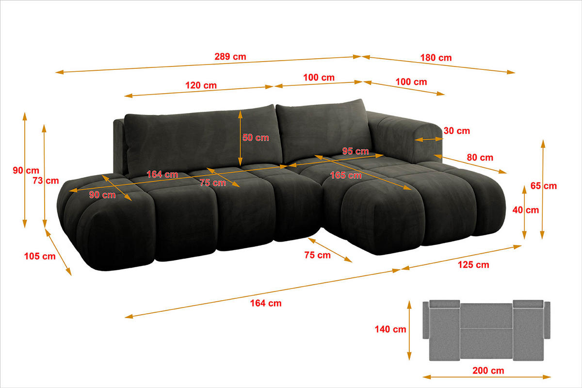 ECKSOFA Ottomane Rechts CLOUD-L 289x180x40 Schwarz Velours - Schwarz, Holzwerkstoff/Kunststoff (289/180cm) - ALTDECOR