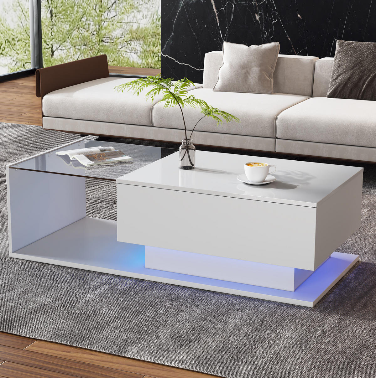 COUCHTISCH aus Spanplatte 100x50x32 cm Weiß mit LED & Schublade - Weiß, Holzwerkstoff (100/50/32cm) - Modfu