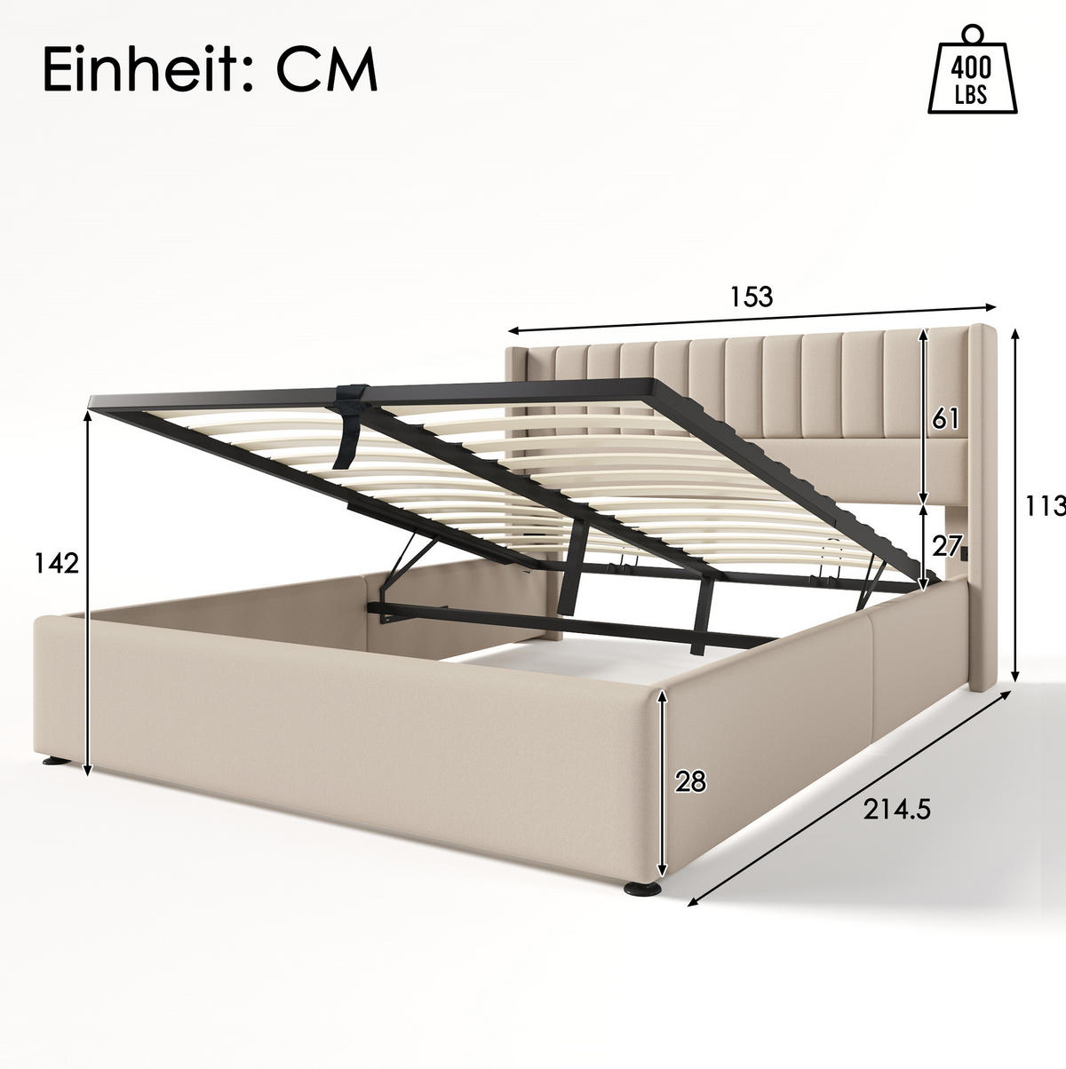 POLSTERBETT 140/200 cm Beige mit hydraulischem Stauraum und Lattenrost Mit Matratze - Beige, Textil (140/200cm) - OKWISH