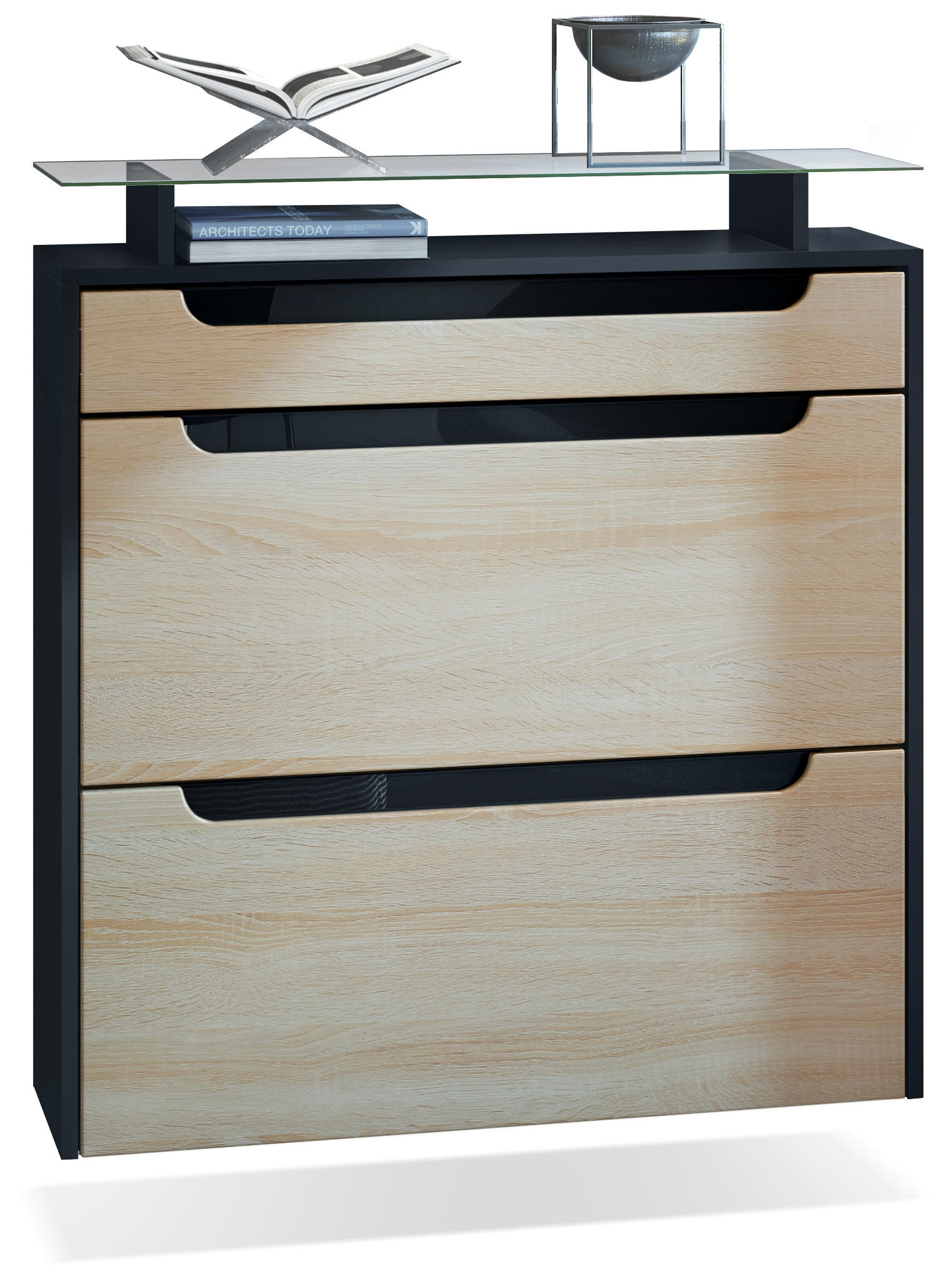 SCHUHSCHRANK Annie Eiche sägerau / Schwarz Hochglanz - Schwarz Hochglanz/Eiche San Remo, Holzwerkstoff (89/96/23cm) - Vladon