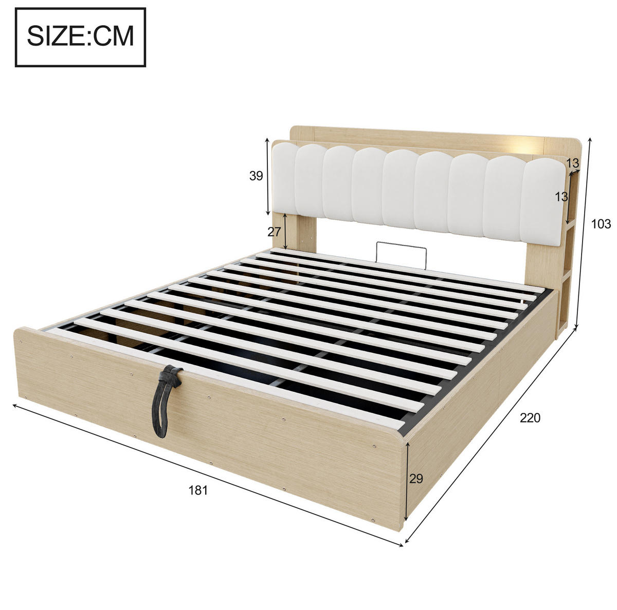 BETT 180/200 cm aus Holz mit Stauraum und USB-Anschluss, Naturholz - Naturfarben, Holz (180/200cm) - OKMYHOME
