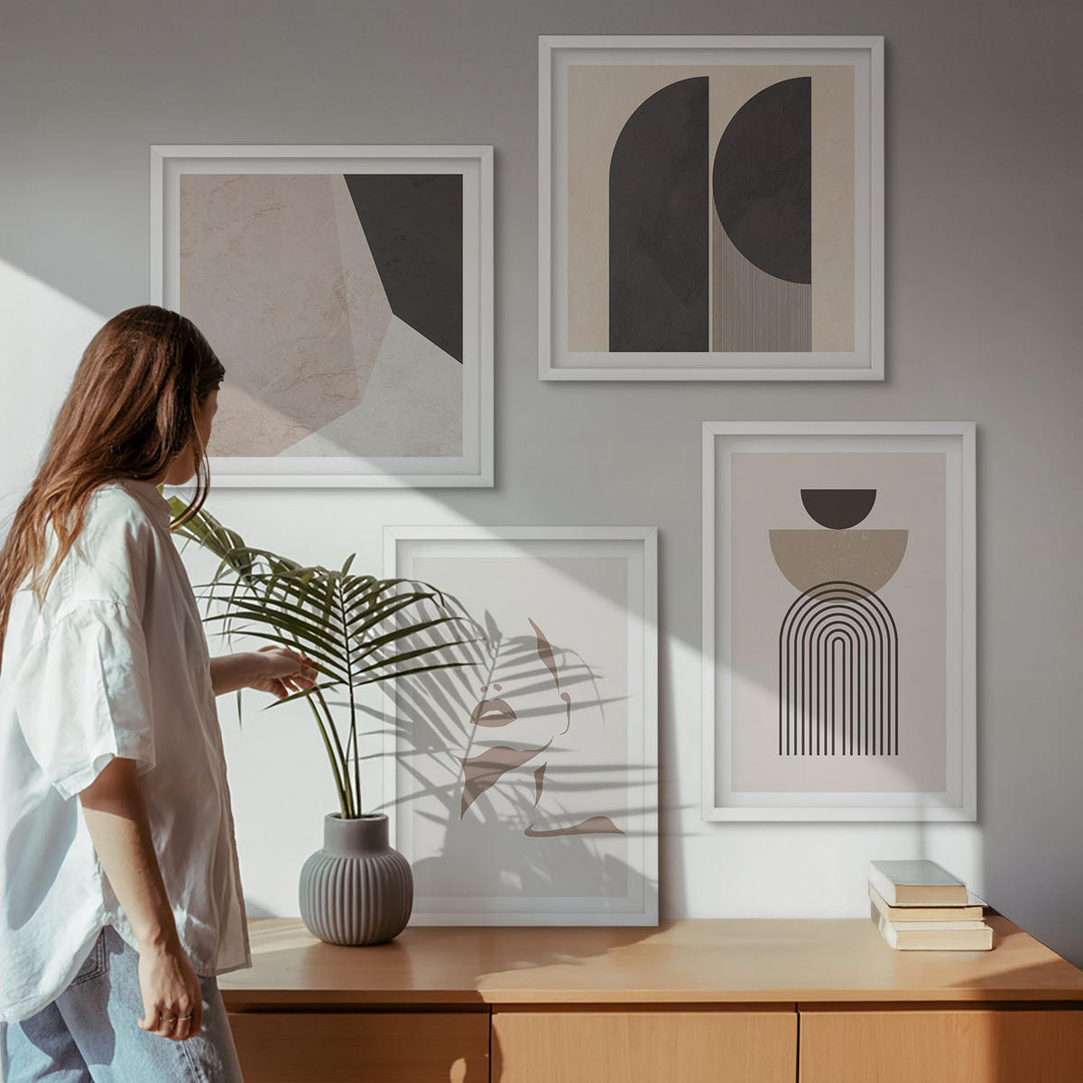 WANDBILDER 4er-Set - 50x50 cm & 40x60 cm Weißer Rahmen - Abstrakte weiß-braune Muster - Weiß, Kunststoff (50/50cm) - ArtPrintCave