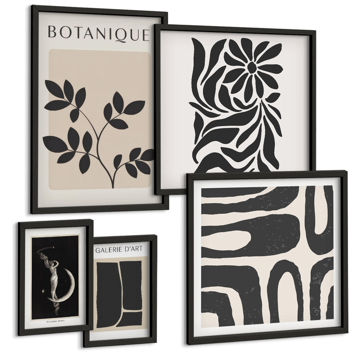 BILDER SET 5er Set - 50x50 cm & 20x30 cm & 40x60 cm Schwarzer Rahmen - Abstrakte Pflanzenmuster - Schwarz, Kunststoff (40/60cm) - TULUP