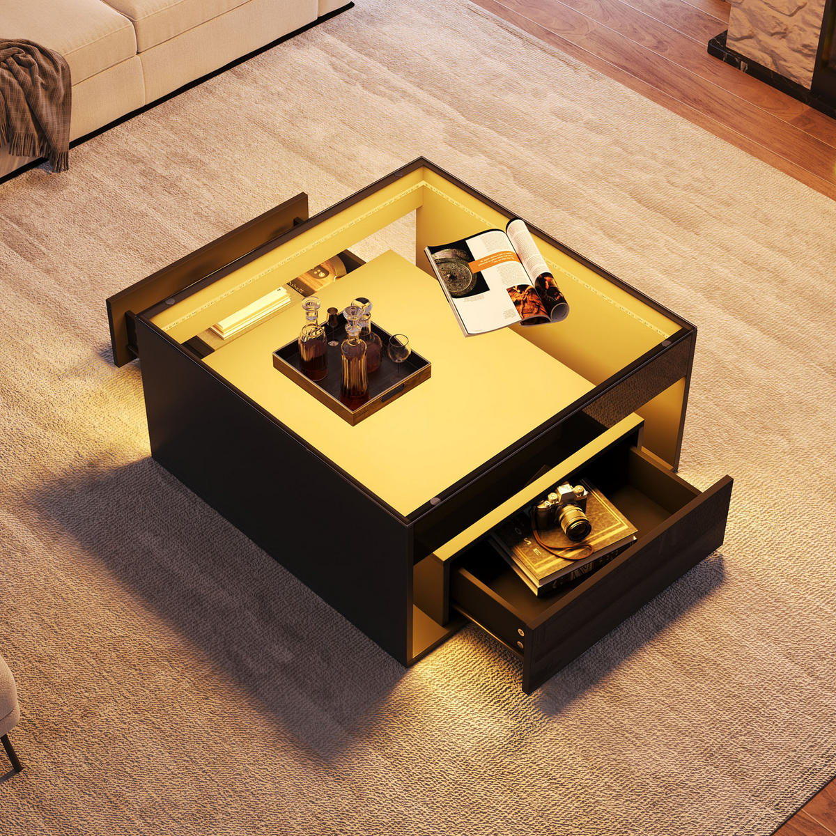 COUCHTISCH 70/70/35 cm schwarz aus MDF und Glas mit LED - Schwarz, Holzwerkstoff (70/70/35cm) - OKMYHOME