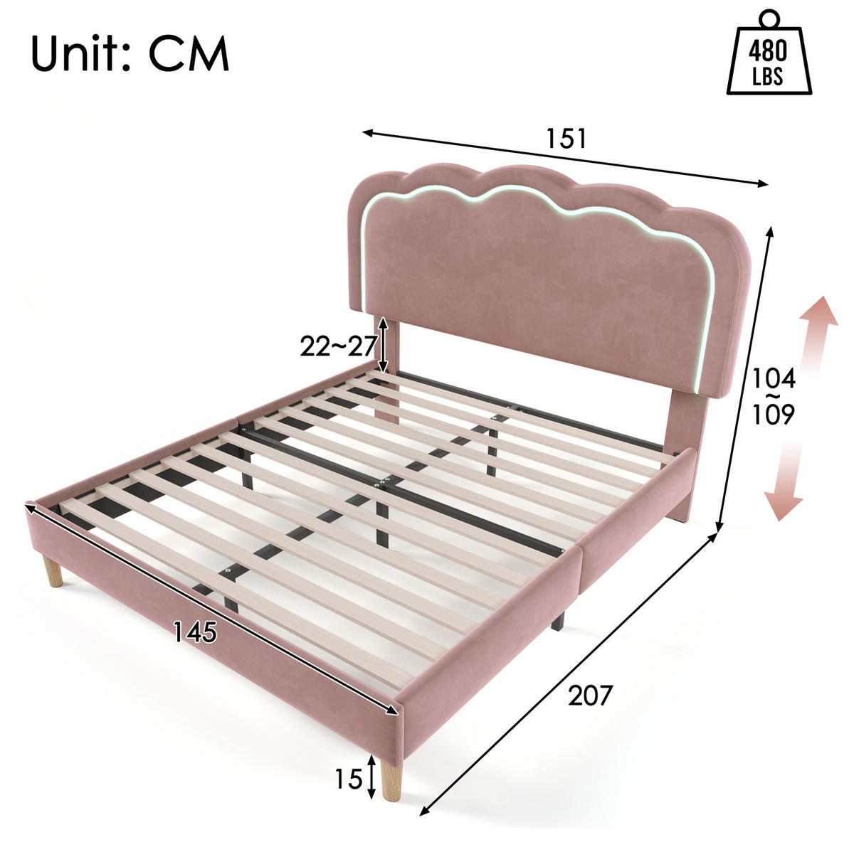 POLSTERBETT mit LED-Kopfteil 140x200 cm Samt Pink - Pink, Metall (140/200cm) - Meubliv