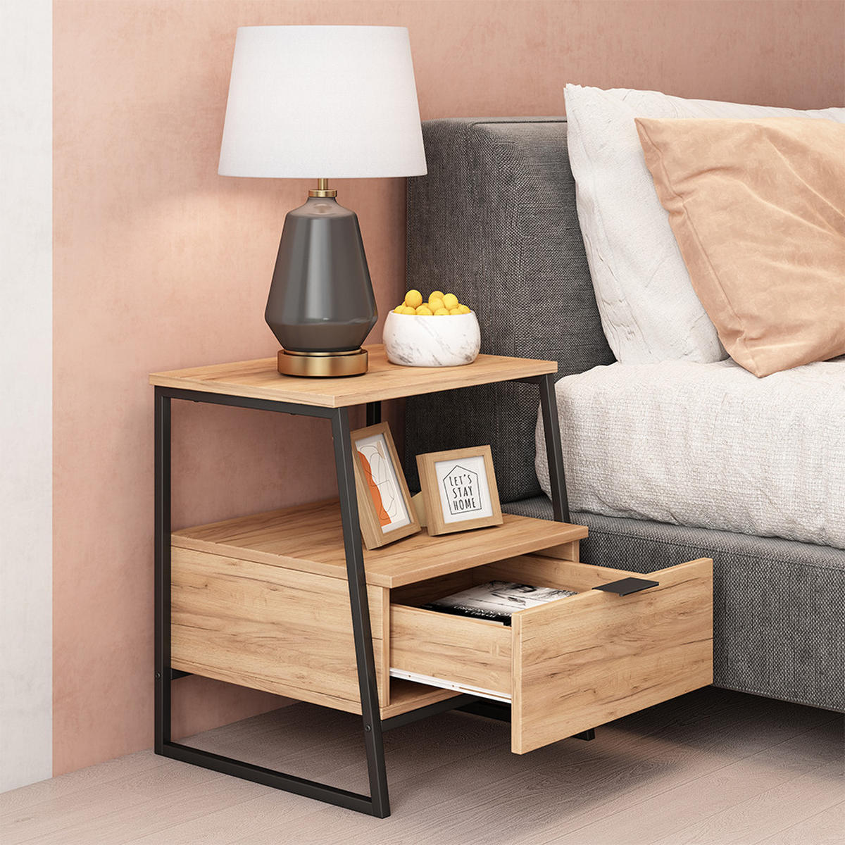 NACHTTISCH Lunor Goldkraft Eiche/Schwarz 2er Set - Eichefarben/Schwarz, Holzwerkstoff (45/50/40cm) - Vicco
