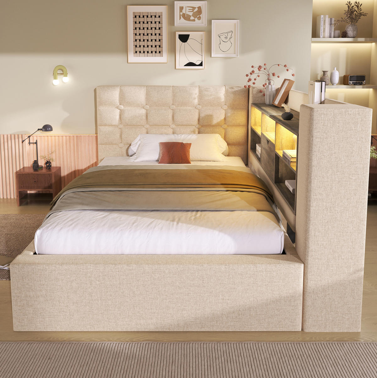 POLSTERBETT 90/200 cm Beige aus Leinen mit LED und Stauraum - Beige, Textil (90/200cm) - OKWISH