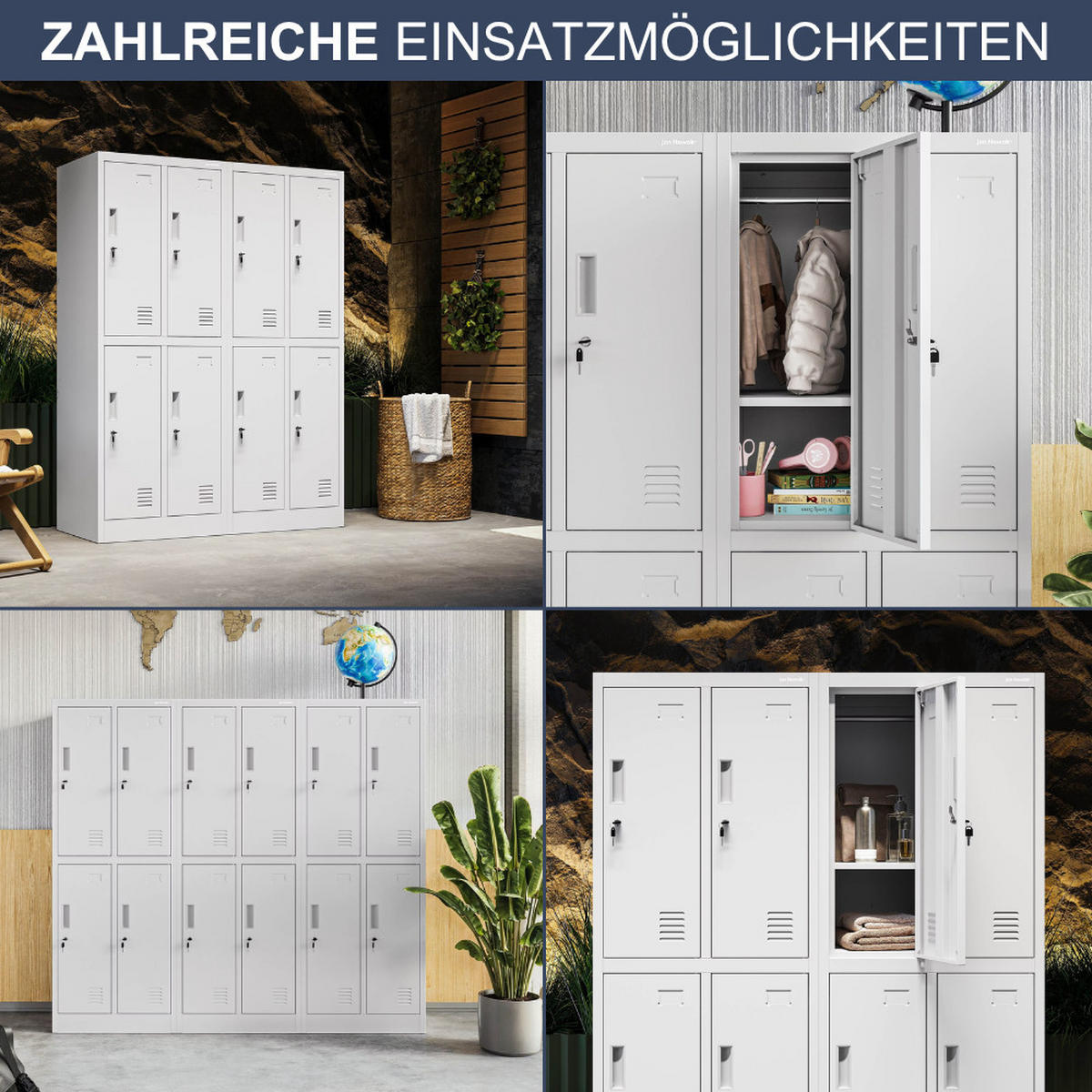 UMKLEIDESCHRANK Spind TOKIO 4 Abteile 150x55,9x45cm Grau - Grau, Metall (55.9/150/45cm) - DELUKE