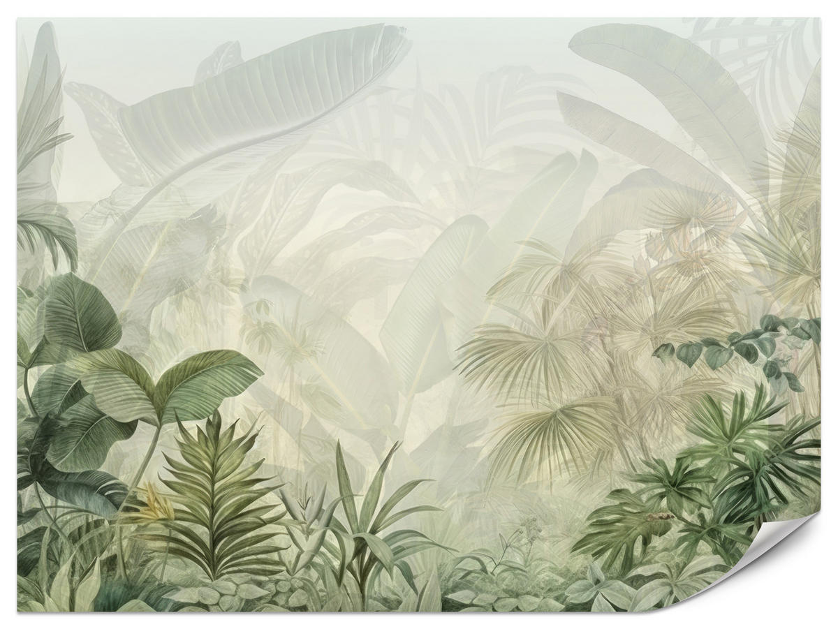 FOTOTAPETE für Schlafzimmer Tropenpflanzen Nebel Palmen Blätter 100x70 - Weiß/Grau, Papier (100/70cm) - Muralo
