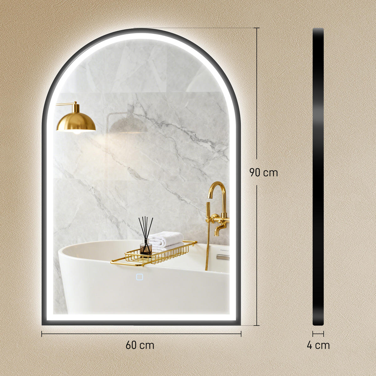 BADSPIEGEL Aluminiumlegierung, gehärtetes Glas Schwarz - Schwarz, Glas (4/90/60cm) - HOMCOM
