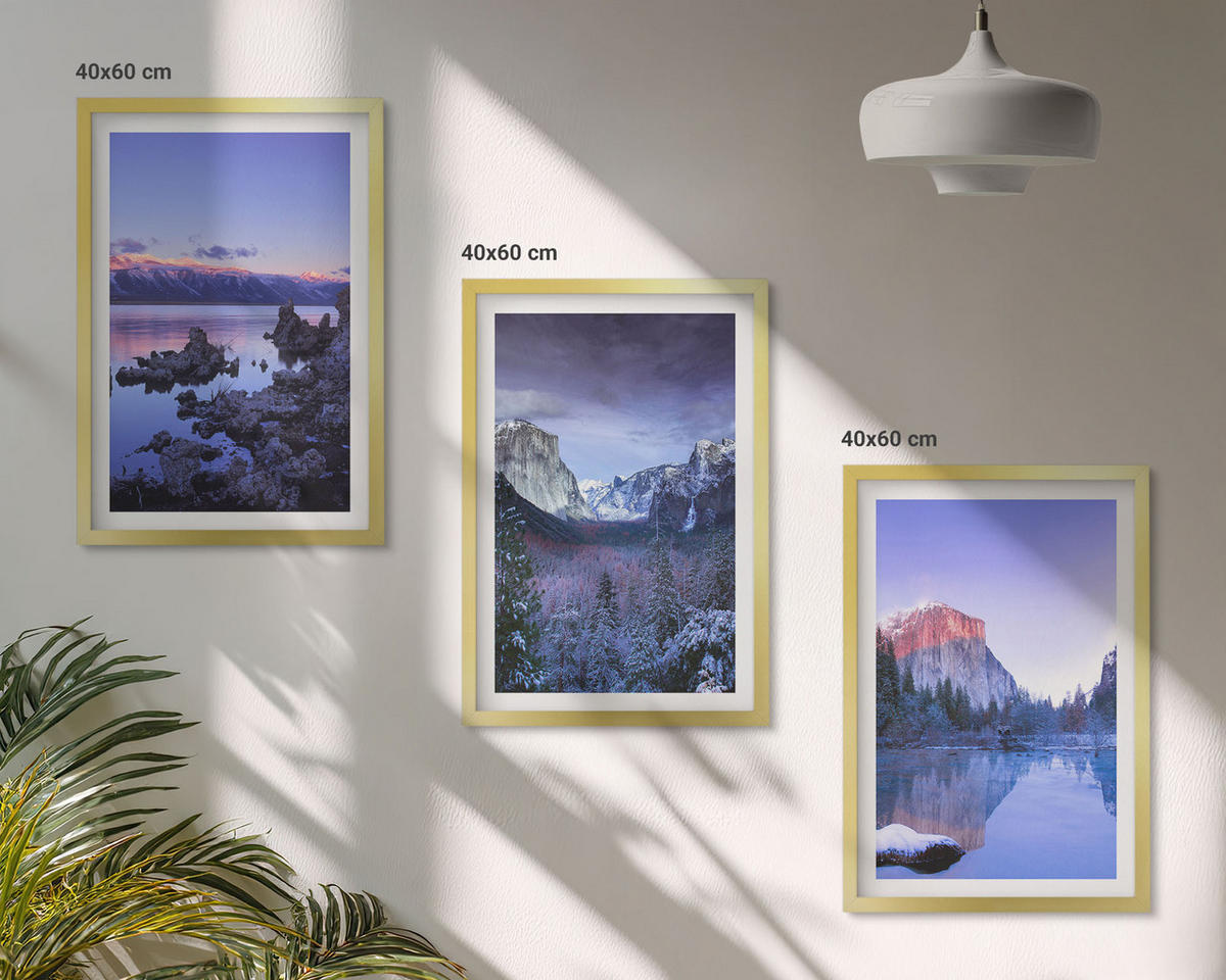BILDER SET 3er Set - 40x60 cm Goldrahmen - Berglandschaften, Sonnenuntergang, Wasser - Goldfarben, Kunststoff (40/60cm) - TULUP